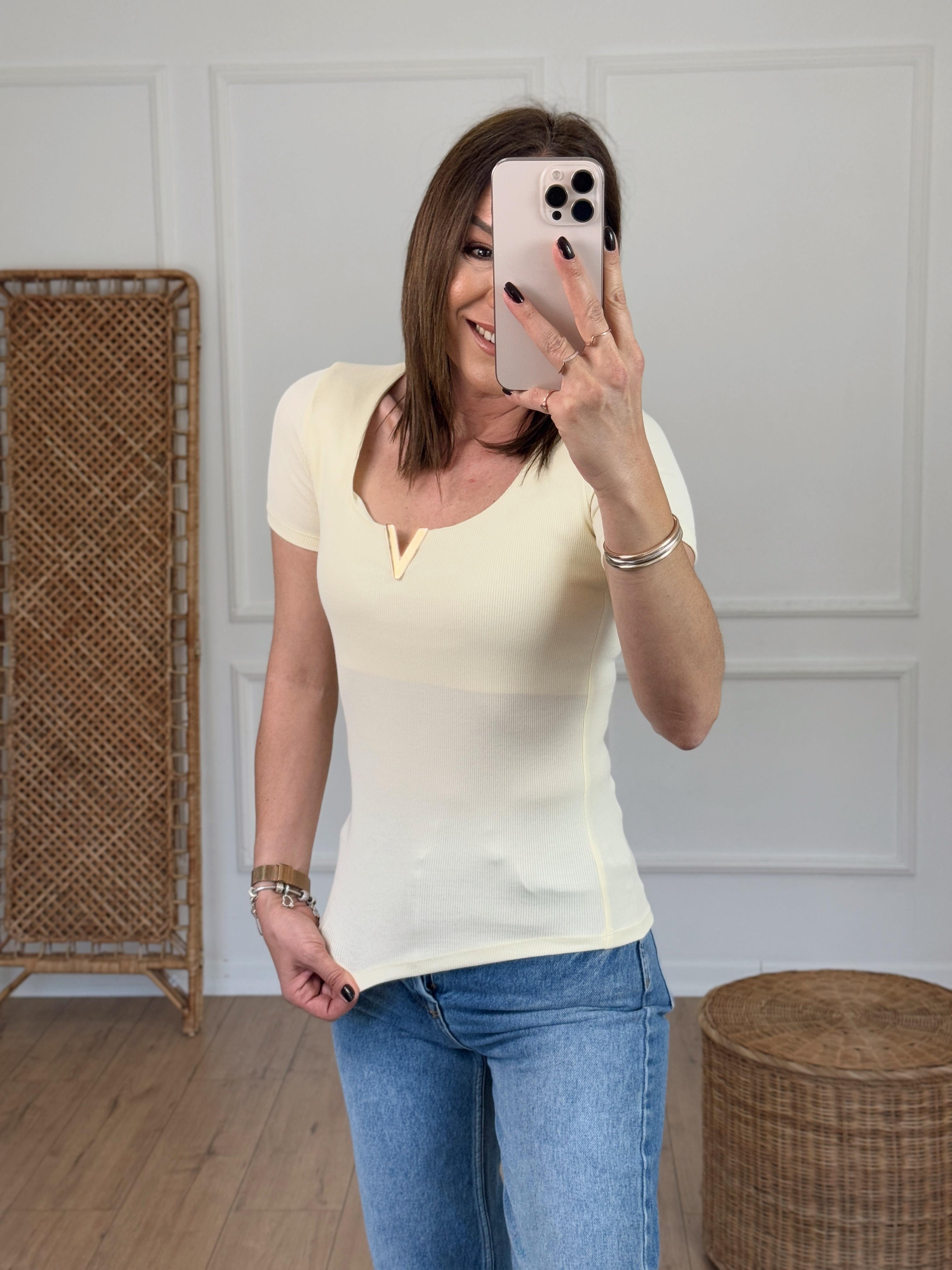 Fitilli V Aksesuarlı Tshirt SARI
