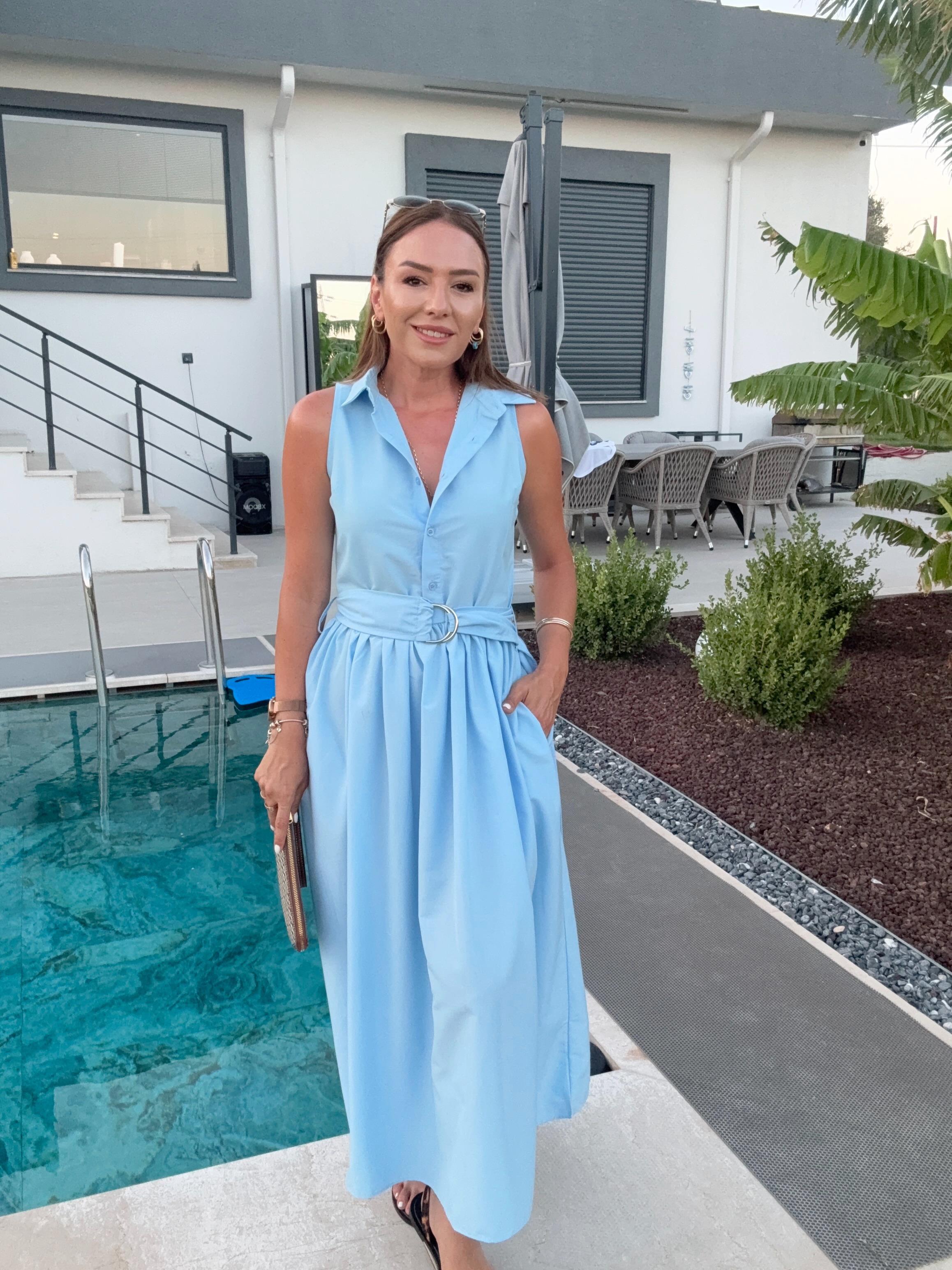 Gömlek Yaka Kolsuz Kemerli Elbise AÇIK MAVİ