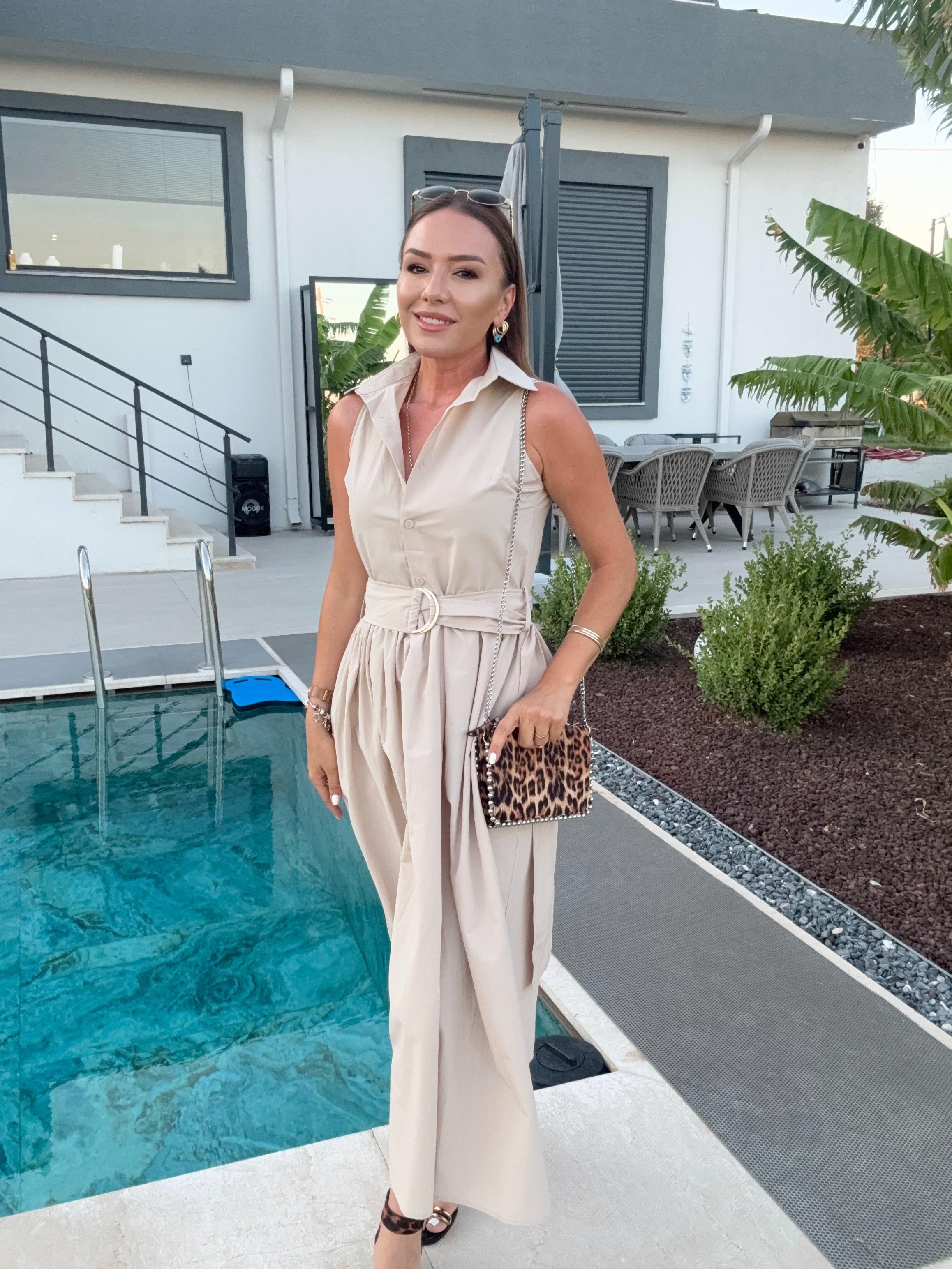 Gömlek Yaka Kolsuz Kemerli Elbise BEJ