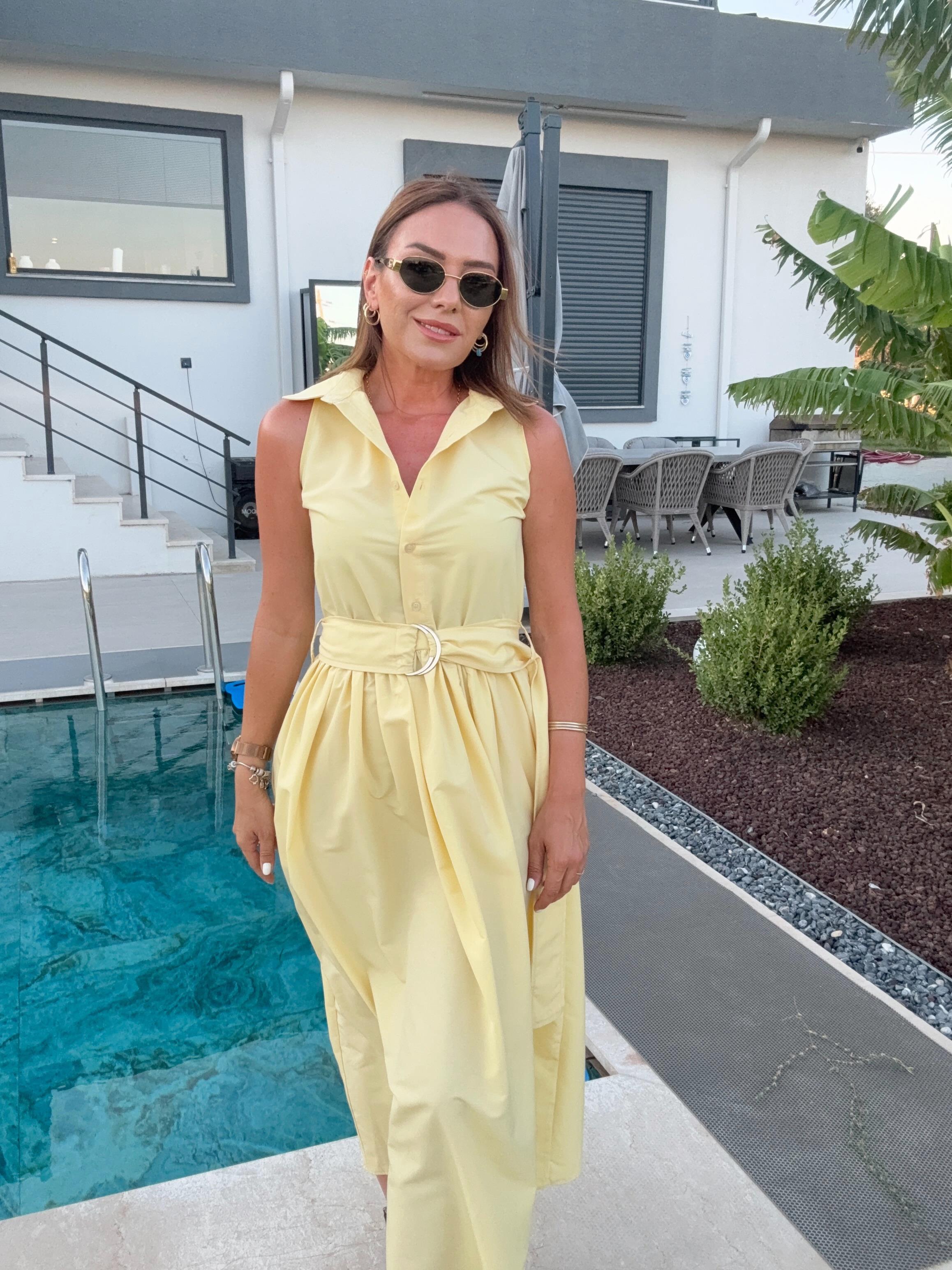 Gömlek Yaka Kolsuz Kemerli Elbise SARI