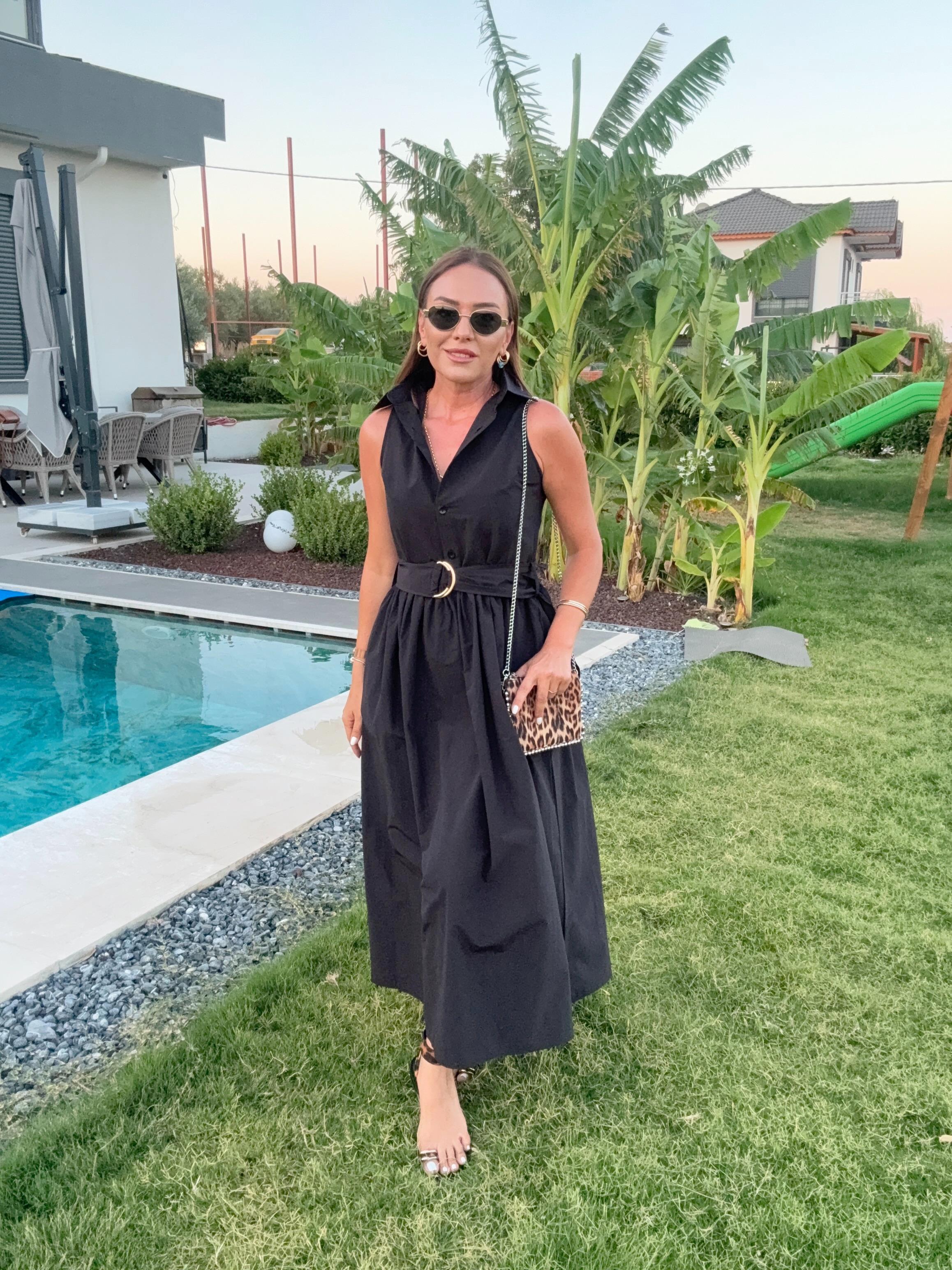 Gömlek Yaka Kolsuz Kemerli Elbise SİYAH