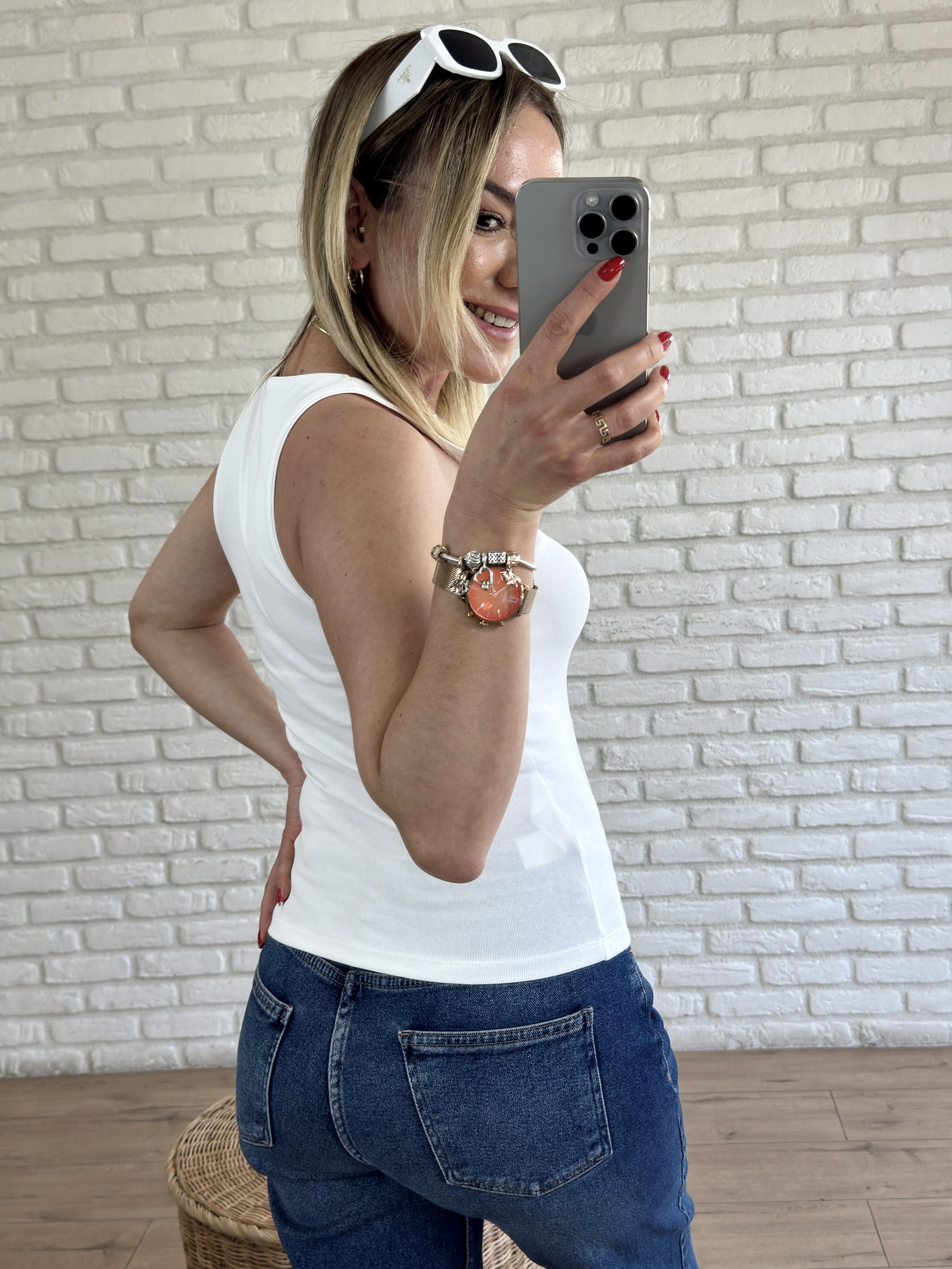 Halter Yaka Basic Tshirt BEYAZ