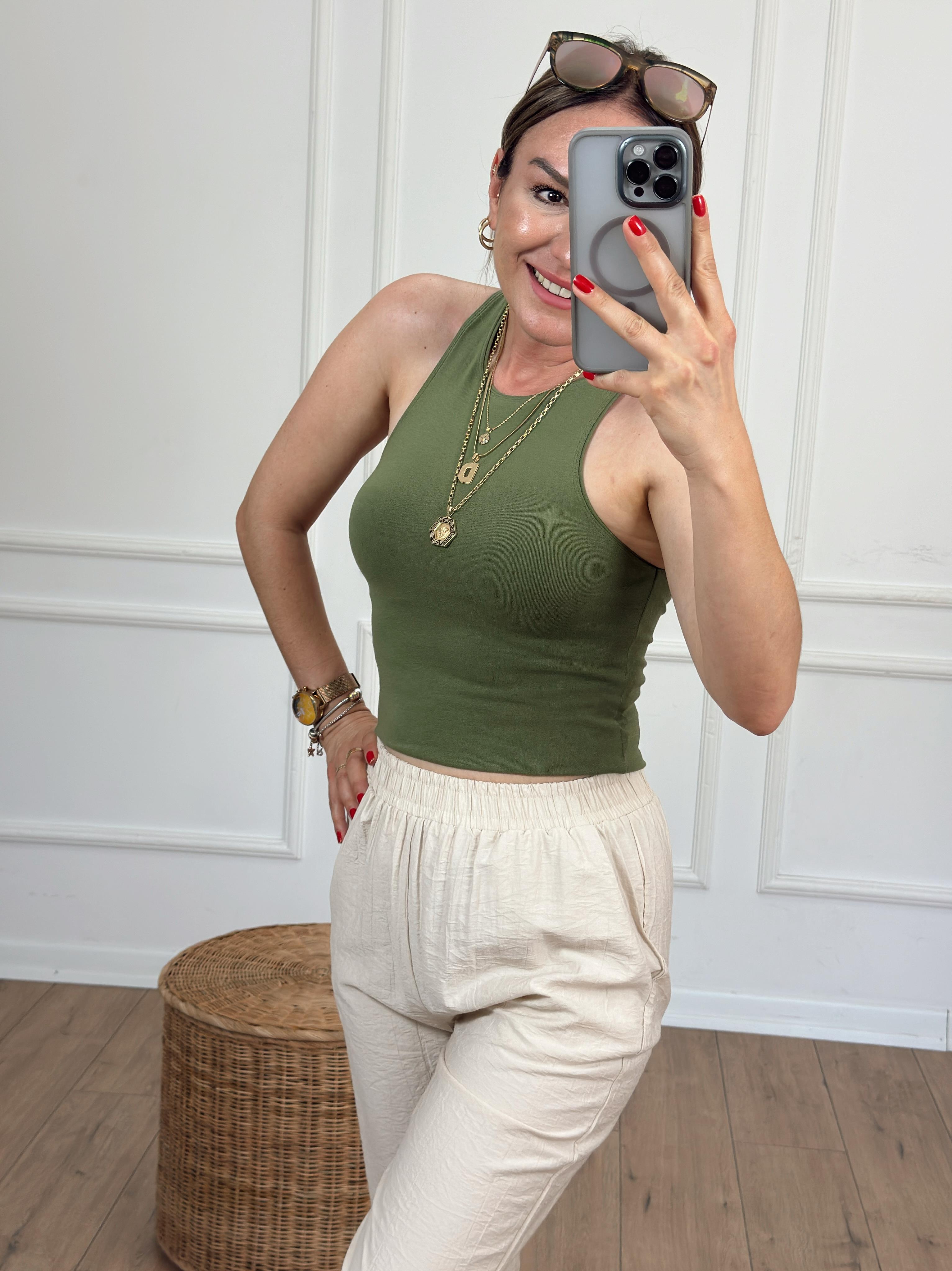 Halter Yaka Basic Tshirt HAKİ