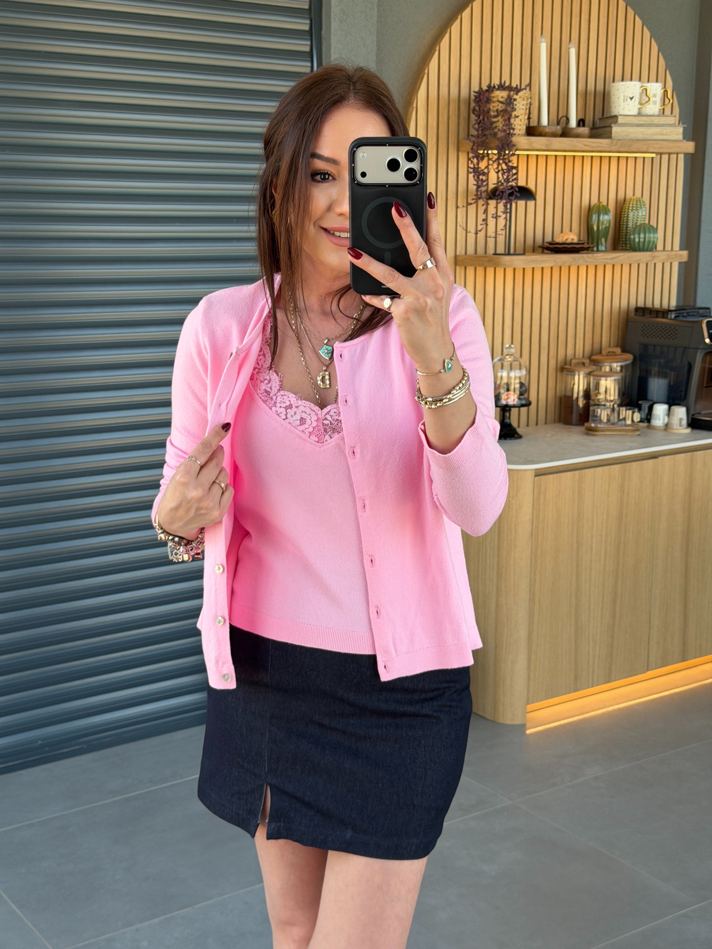 İçi Dantel Askılı Hırka PEMBE
