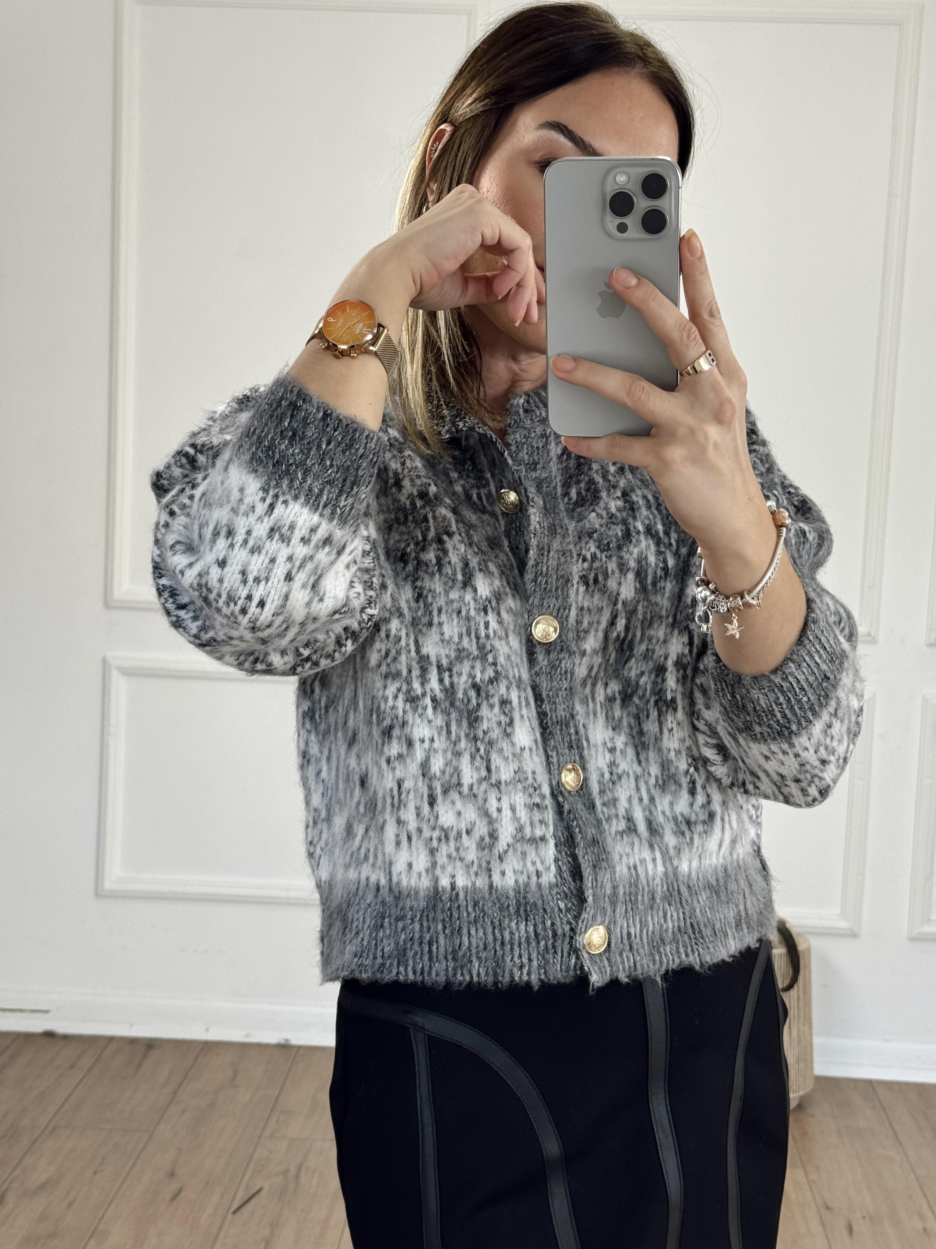 İki Renkli Şardonlu Düğmeli Hırka ANTRASİT