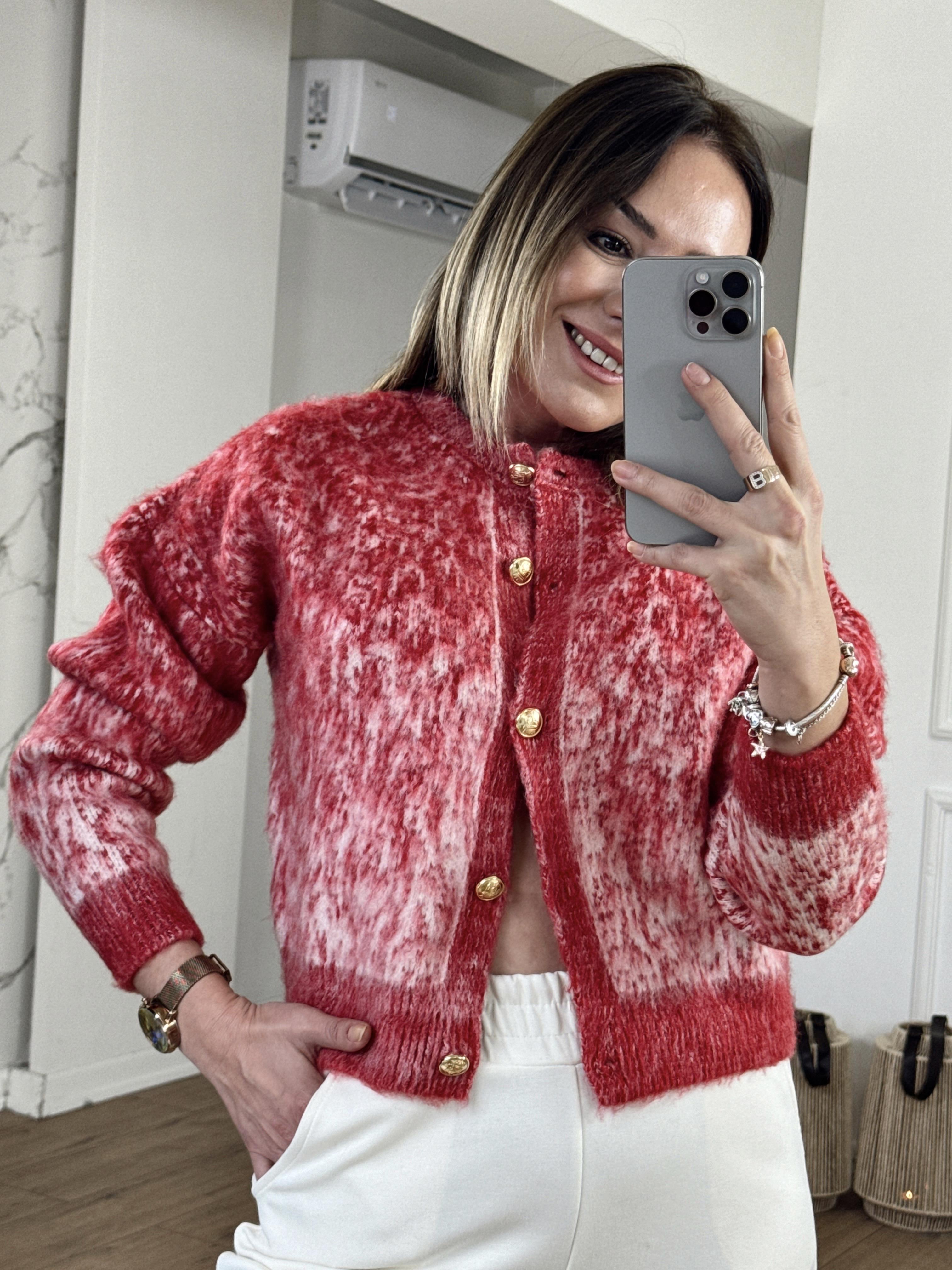 İki Renkli Şardonlu Düğmeli Hırka KIRMIZI