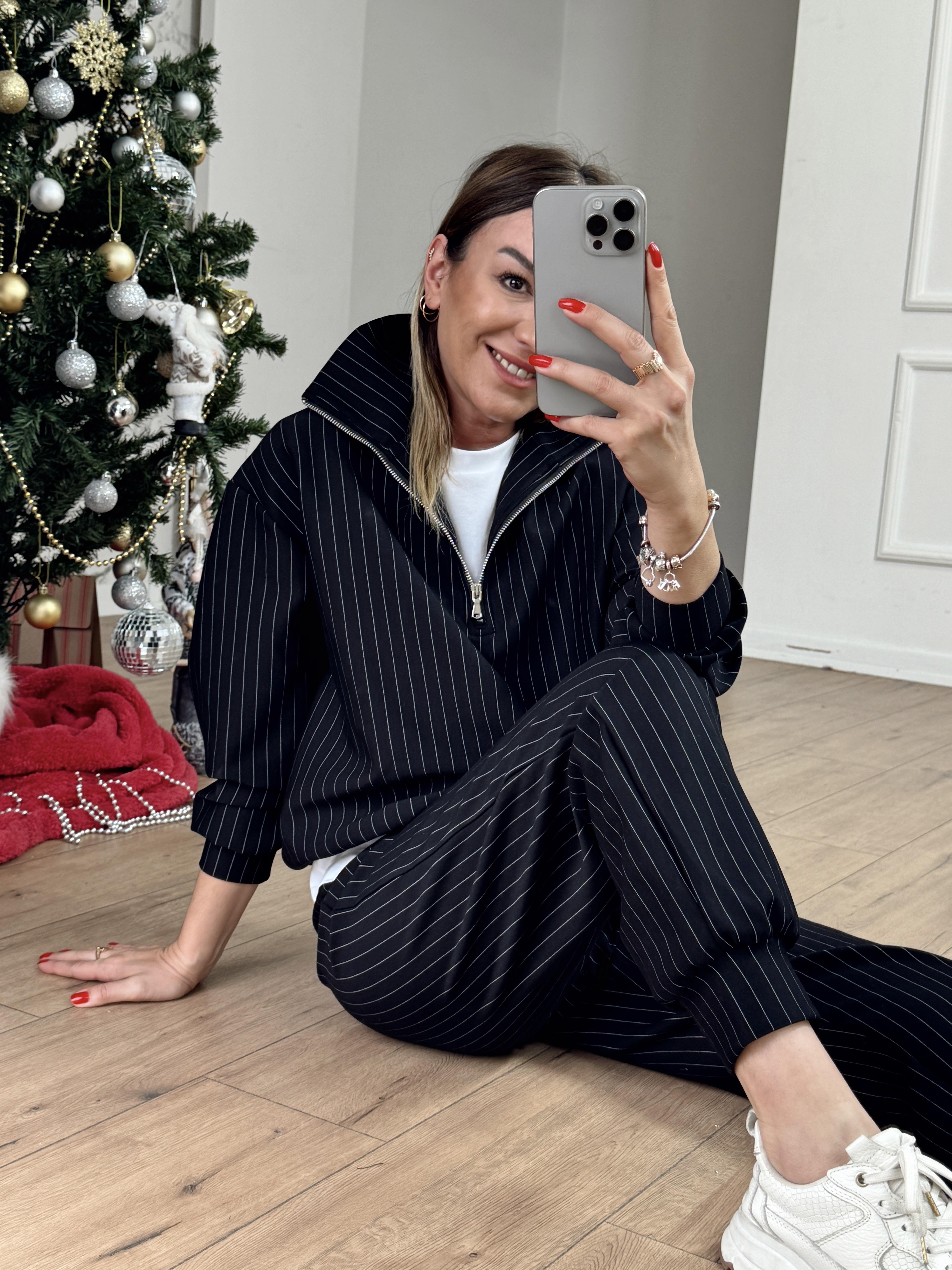 İnce Çizgili Modal Karışımlı Takım SİYAH