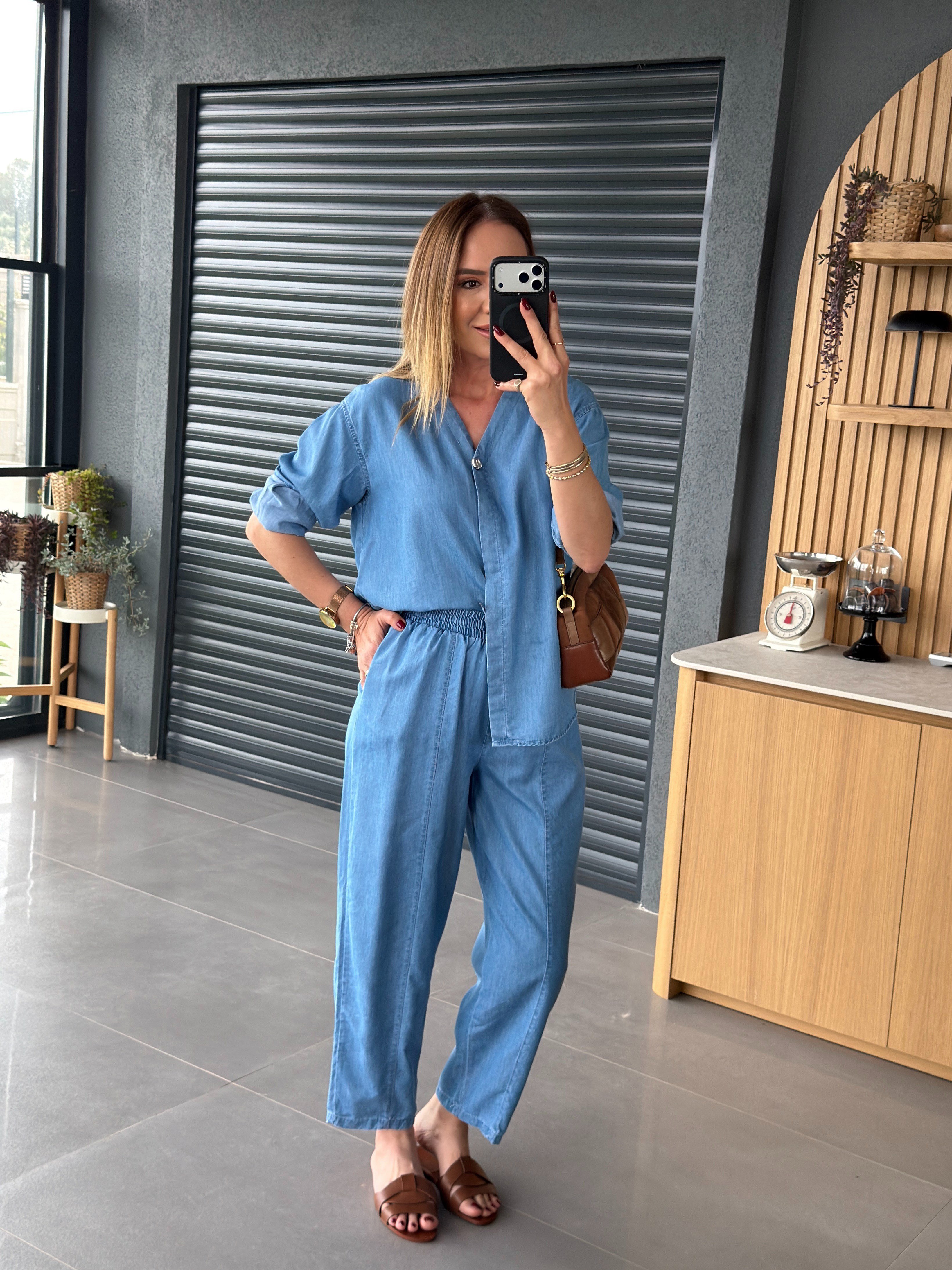 İnce Denim Salaş Gömlekli Takım AÇIK MAVİ