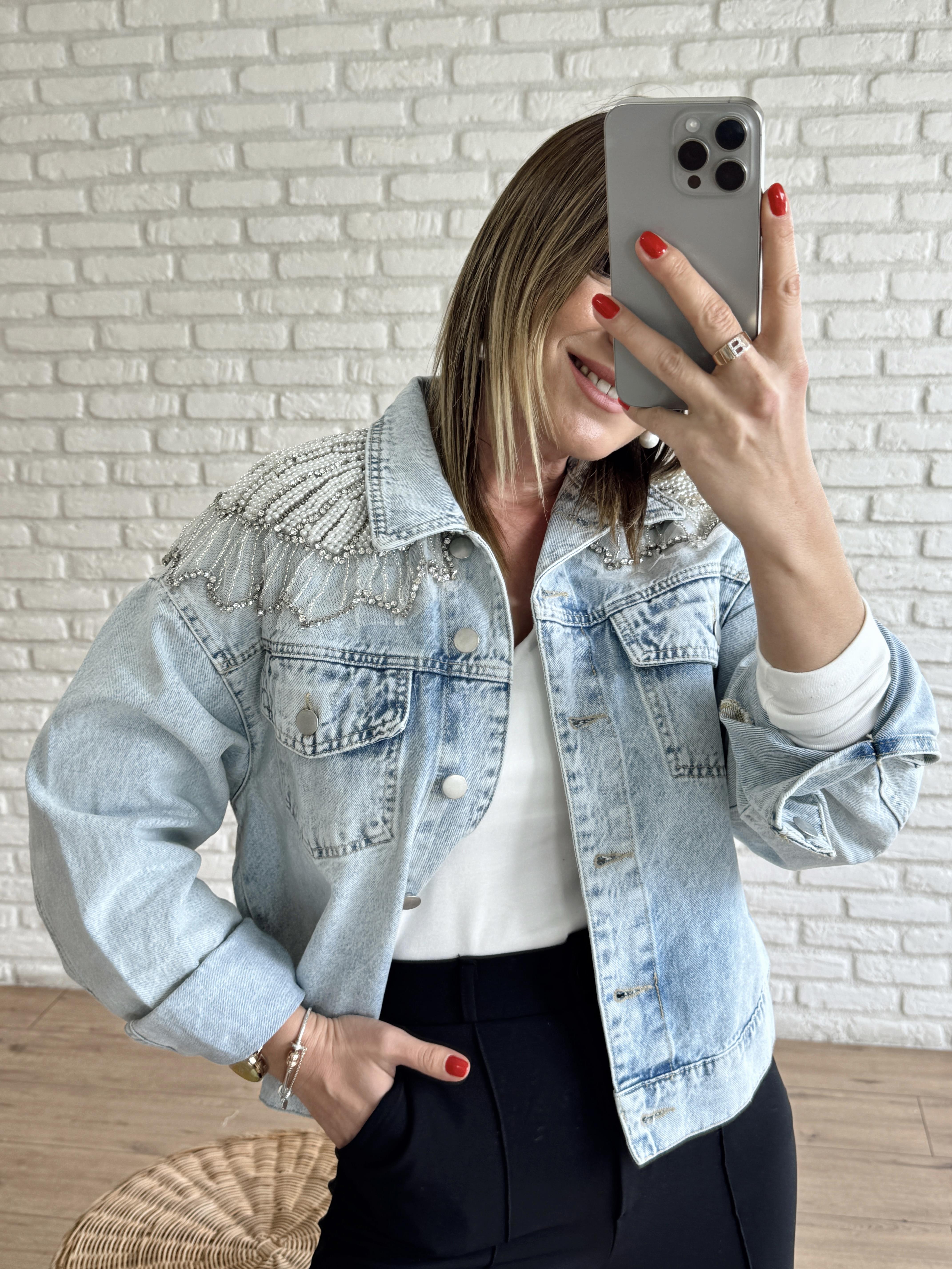İncili Tasarım Kot Ceket BUZ MAVİSİ
