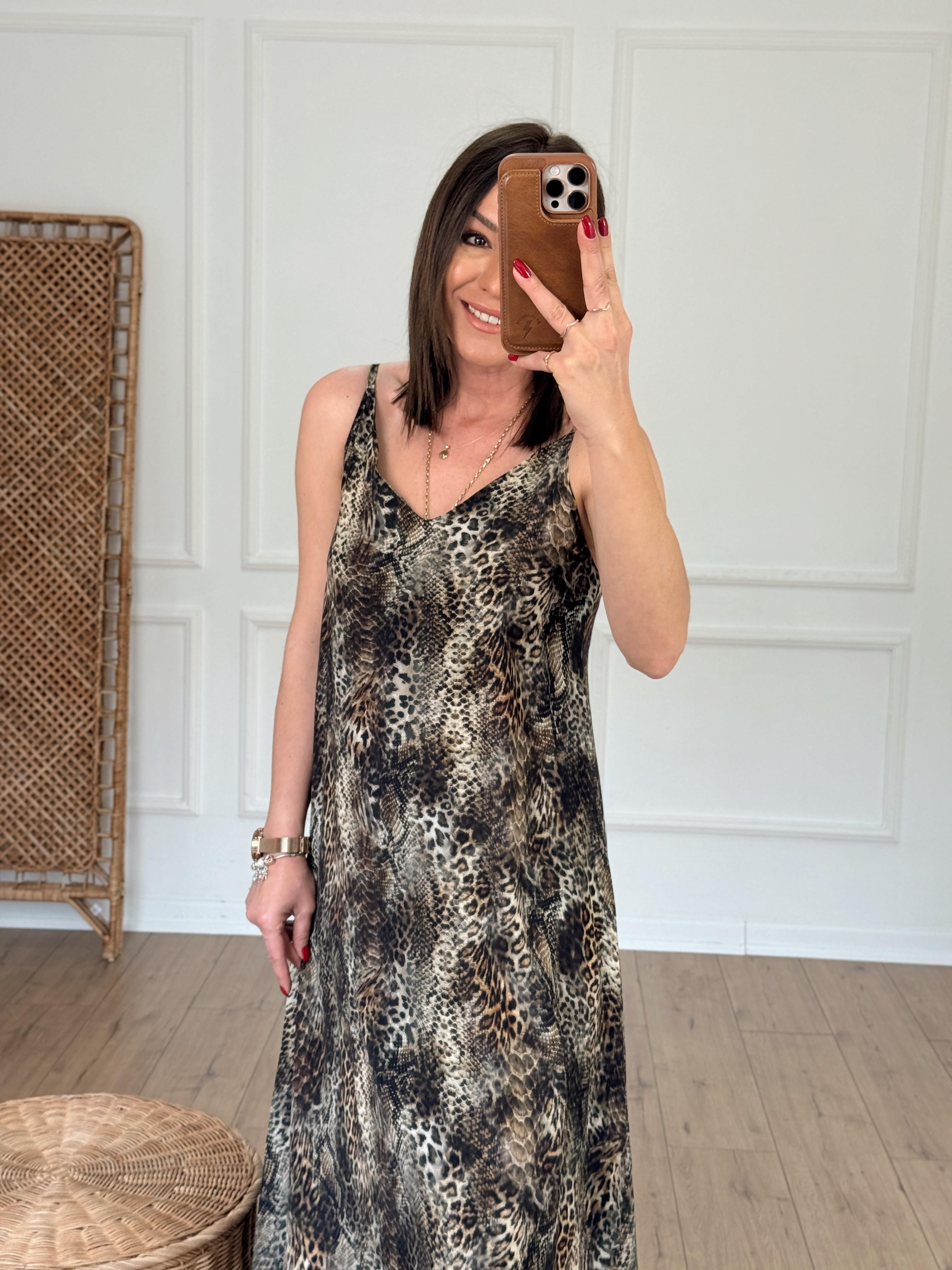 İp Askılı Leopar Desen Elbise HAKİ