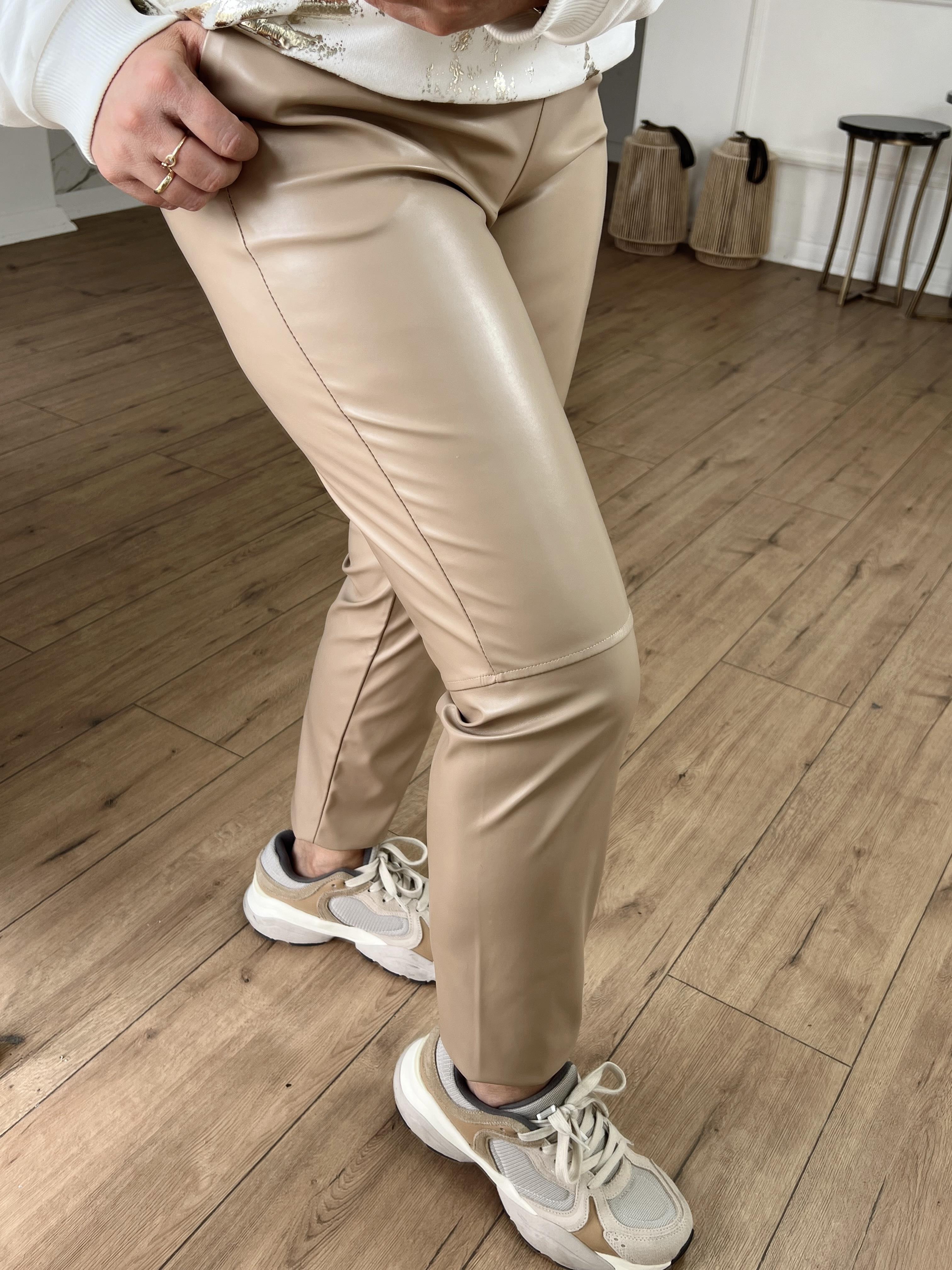 Jogger Beli Bağcıklı Deri Pantolon BEJ
