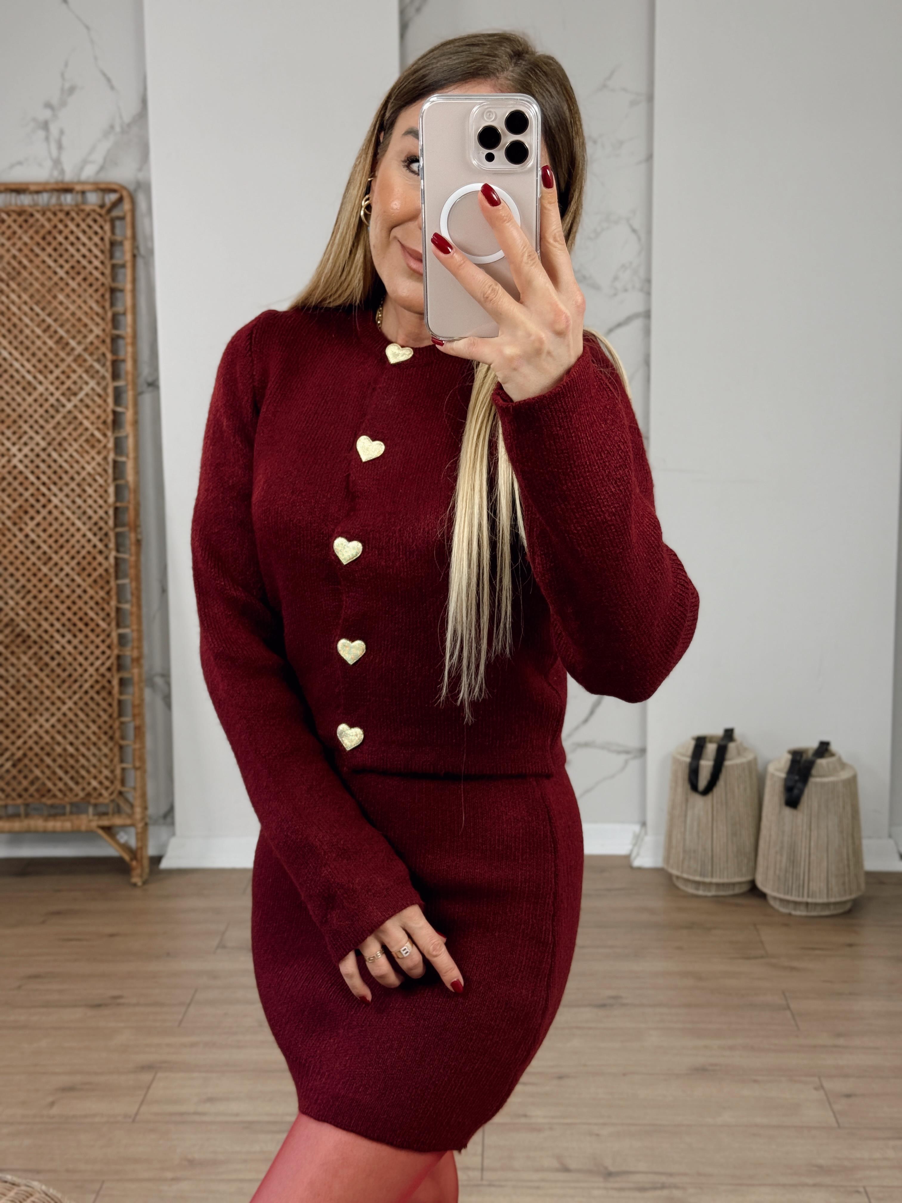 Kalp Düğme Detaylı Etekli Hırka Takım BORDO