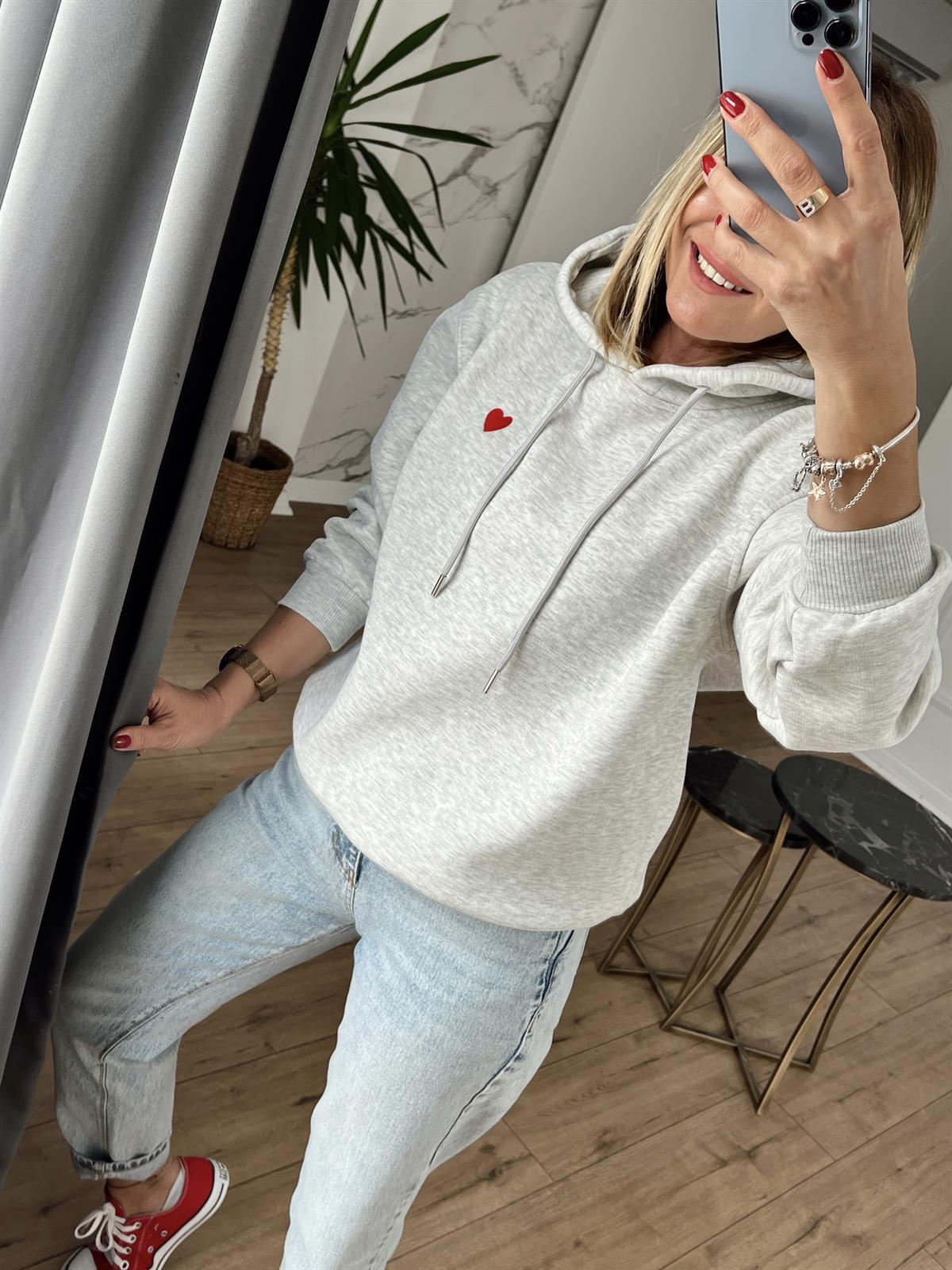 Kalp Nakışlı Kapüşonlu Sweat GRİ