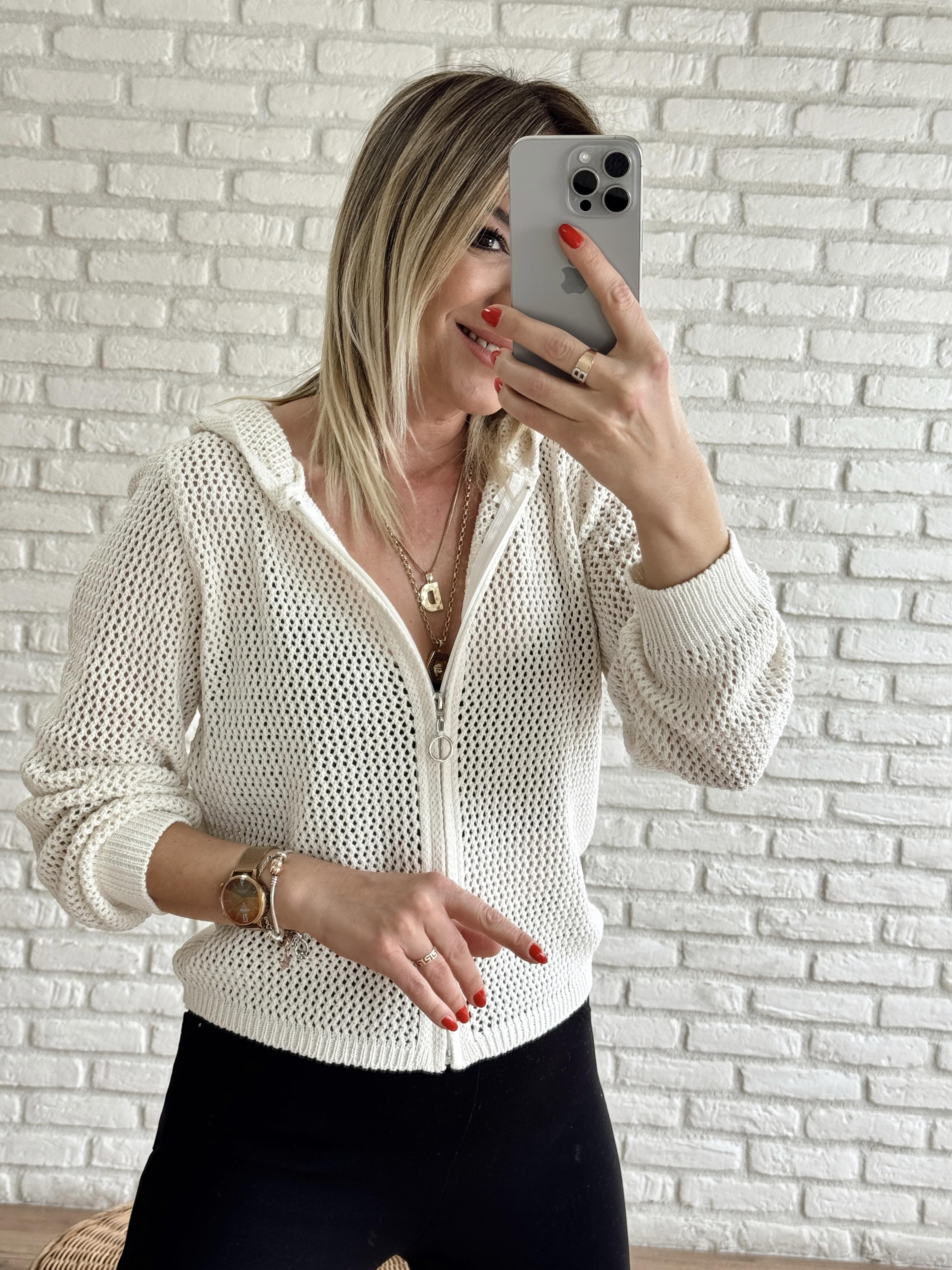 Kapüşonlu Fermuarlı Triko Ceket EKRU