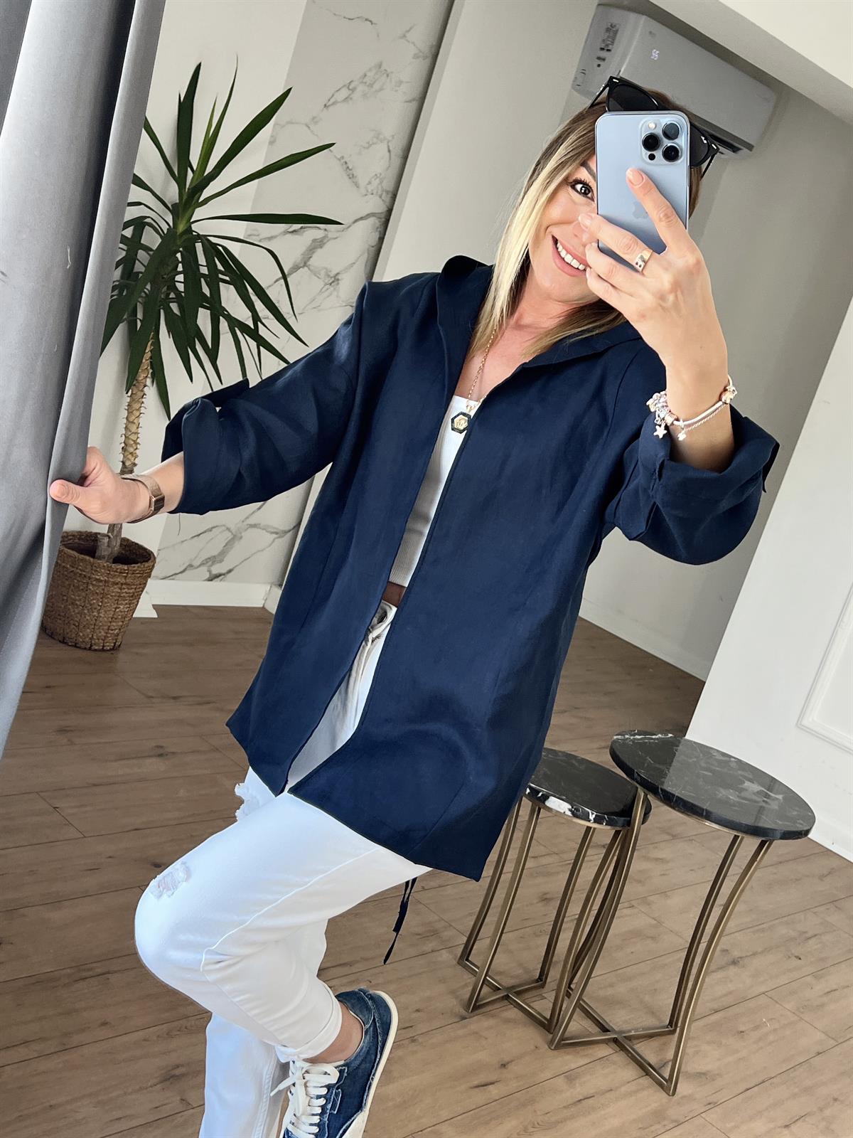 Kapüşonlu Keten Ceket LACİVERT