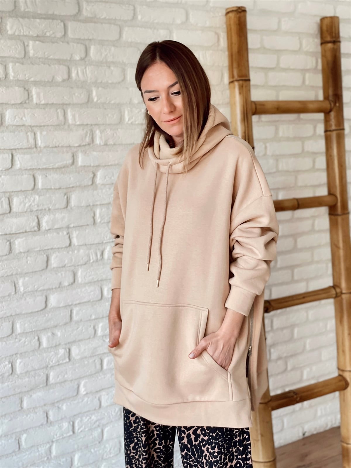 Kapüşonlu Sweat Bej