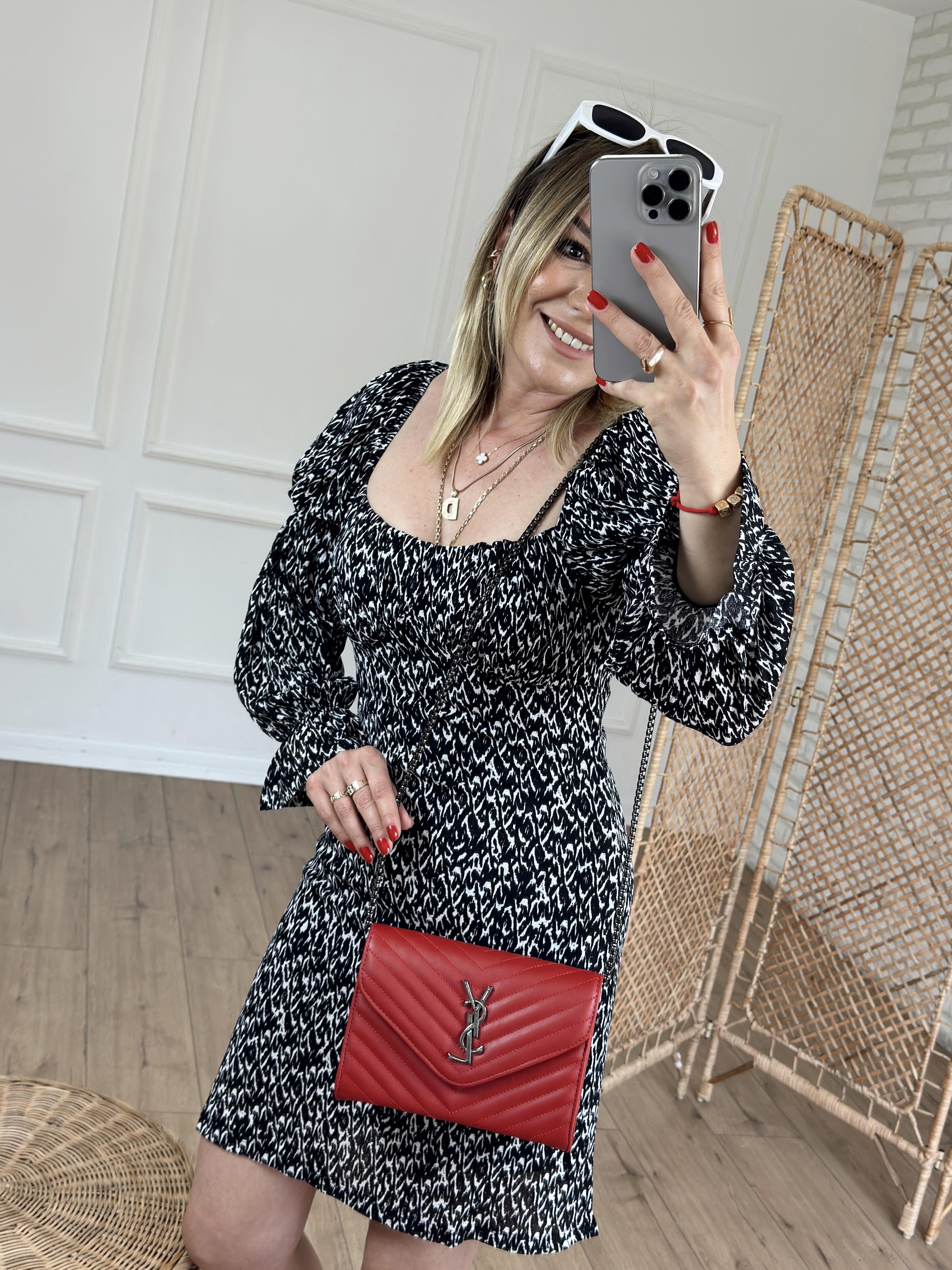 Kare Yaka Sırt Bağlamalı Elbise SİYAH BEYAZ