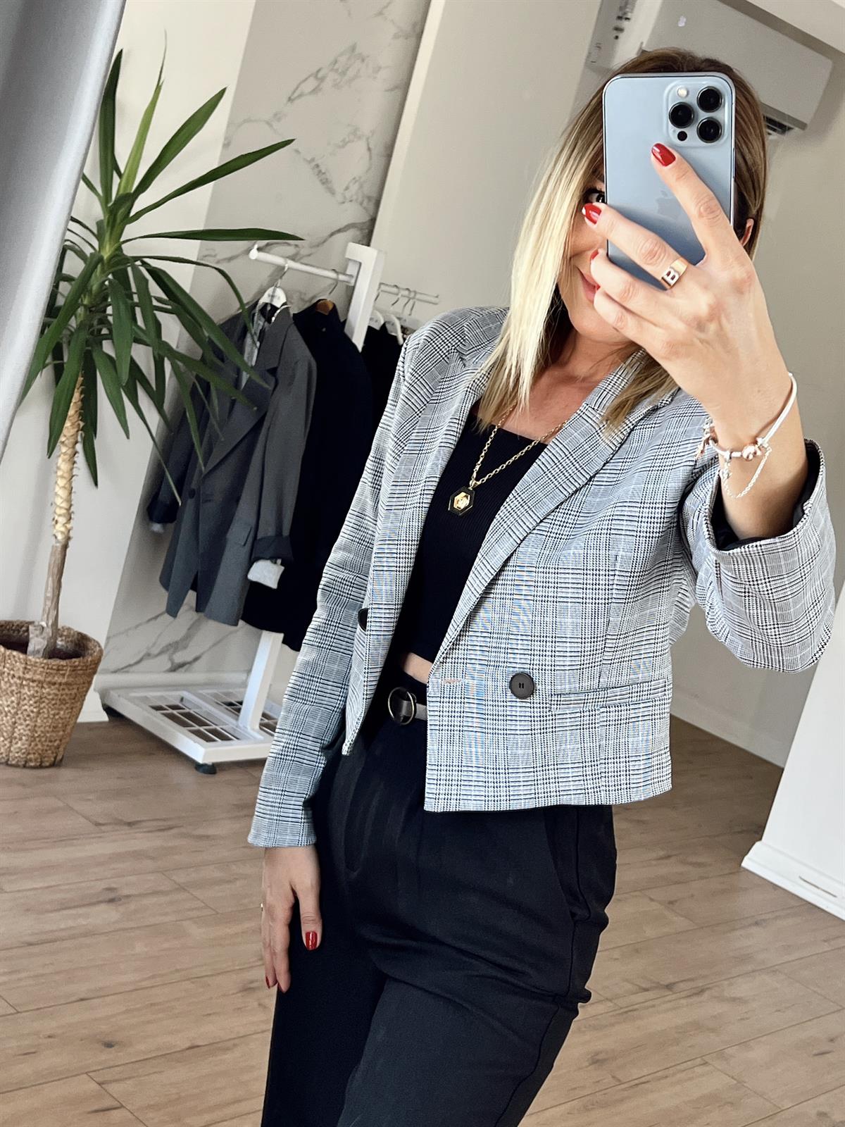 Kareli Crop Blazer Ceket GRİ