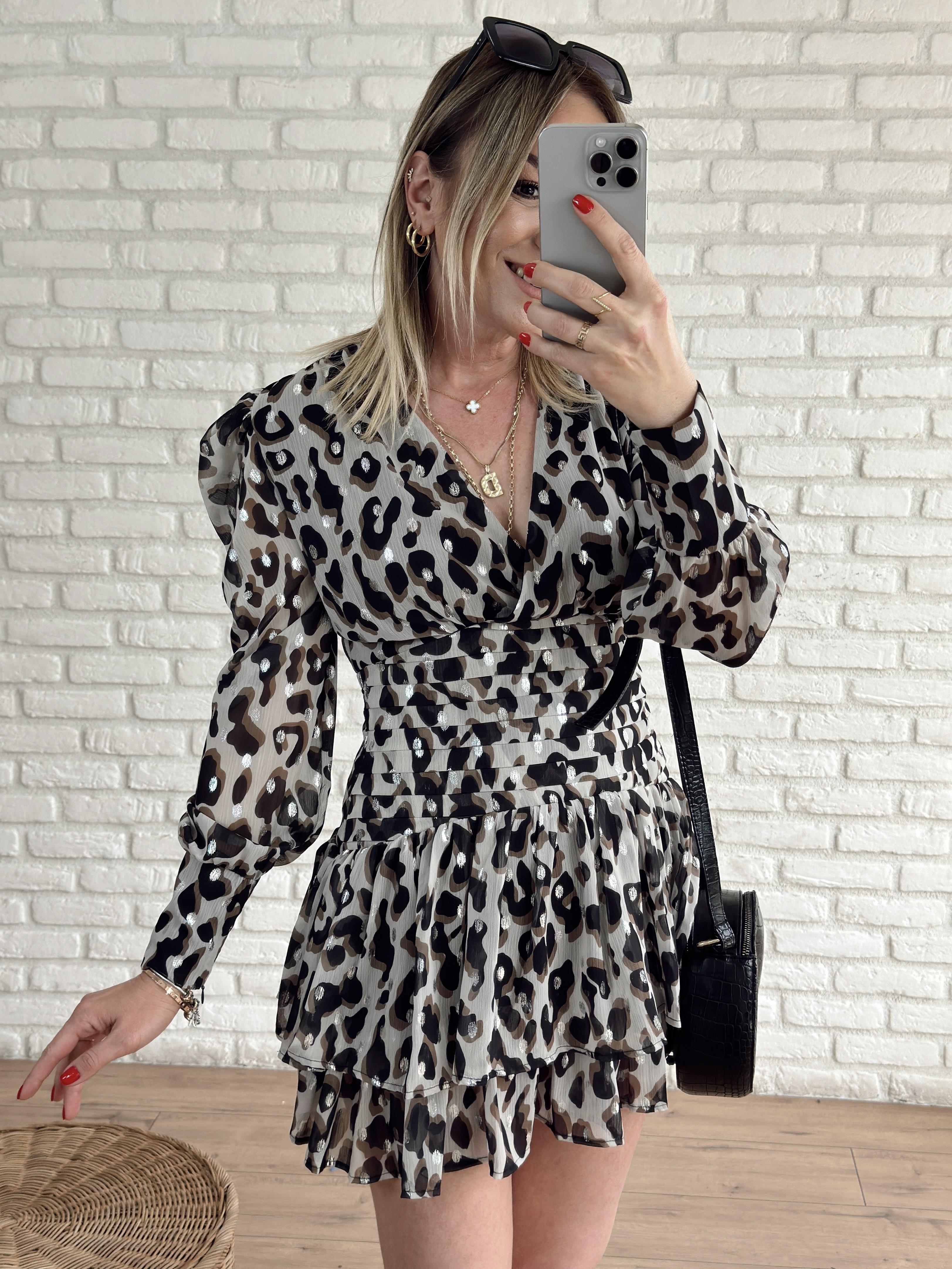 Katlı Leopar Desenli Elbise SİYAH