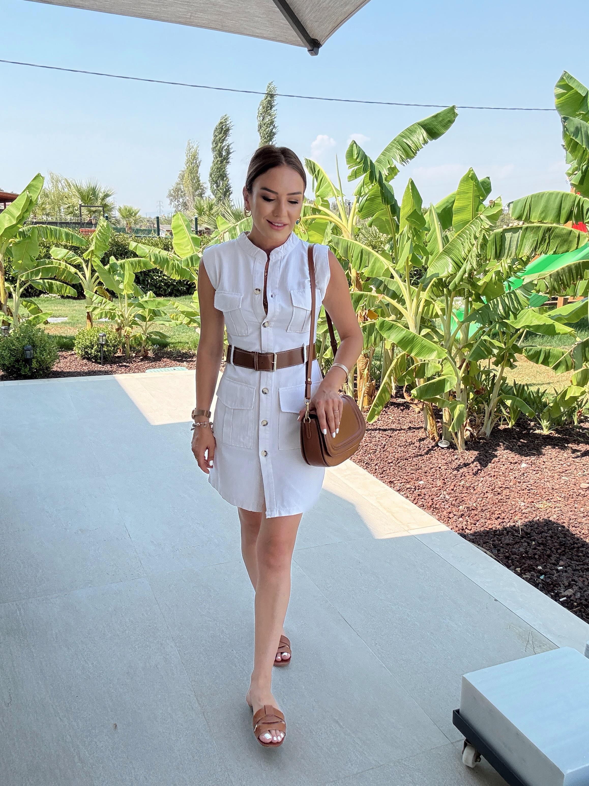 Kemerli Cep Detaylı Elbise BEJ