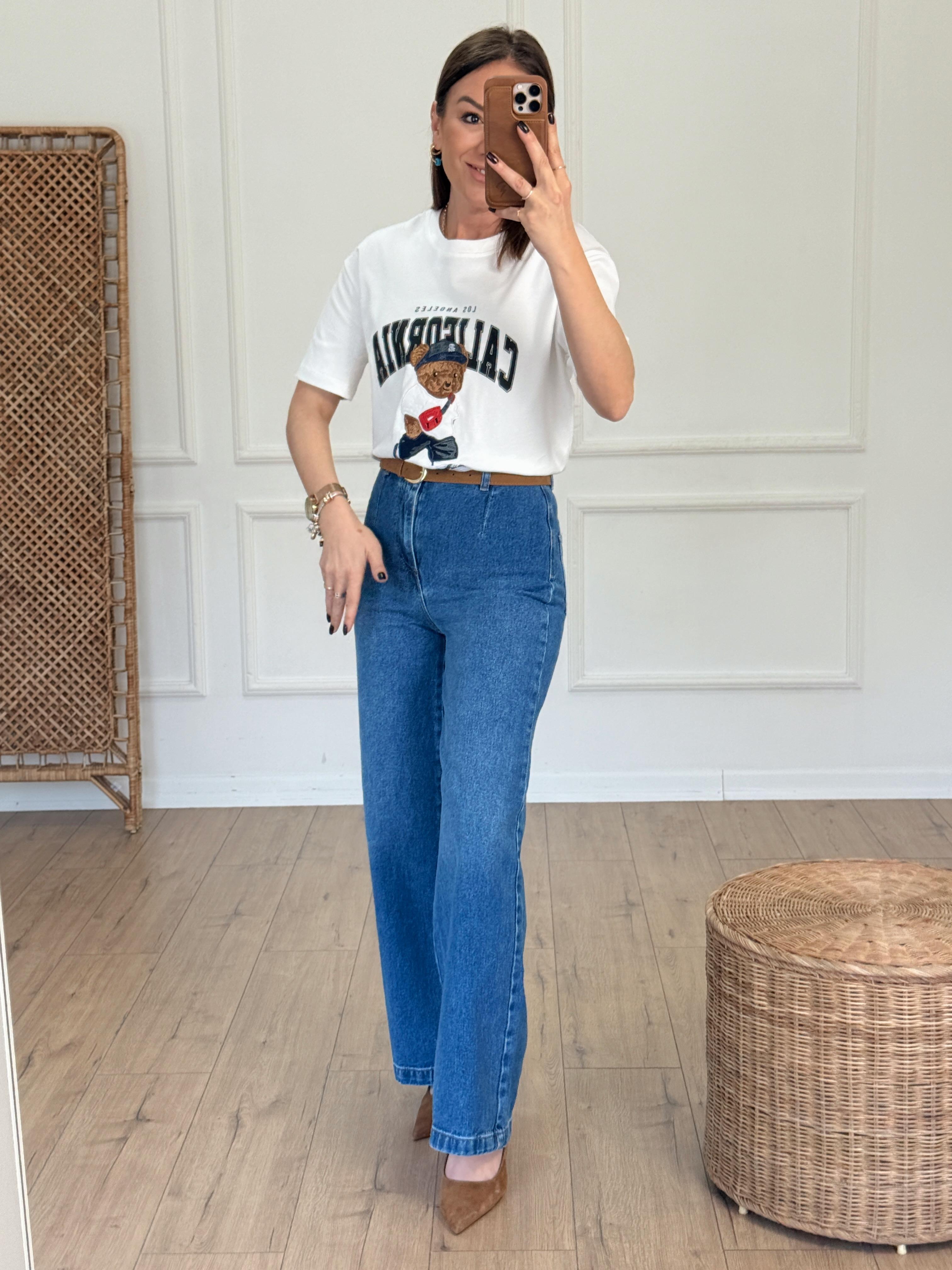 Kemerli Geniş Paça Jean MAVİ