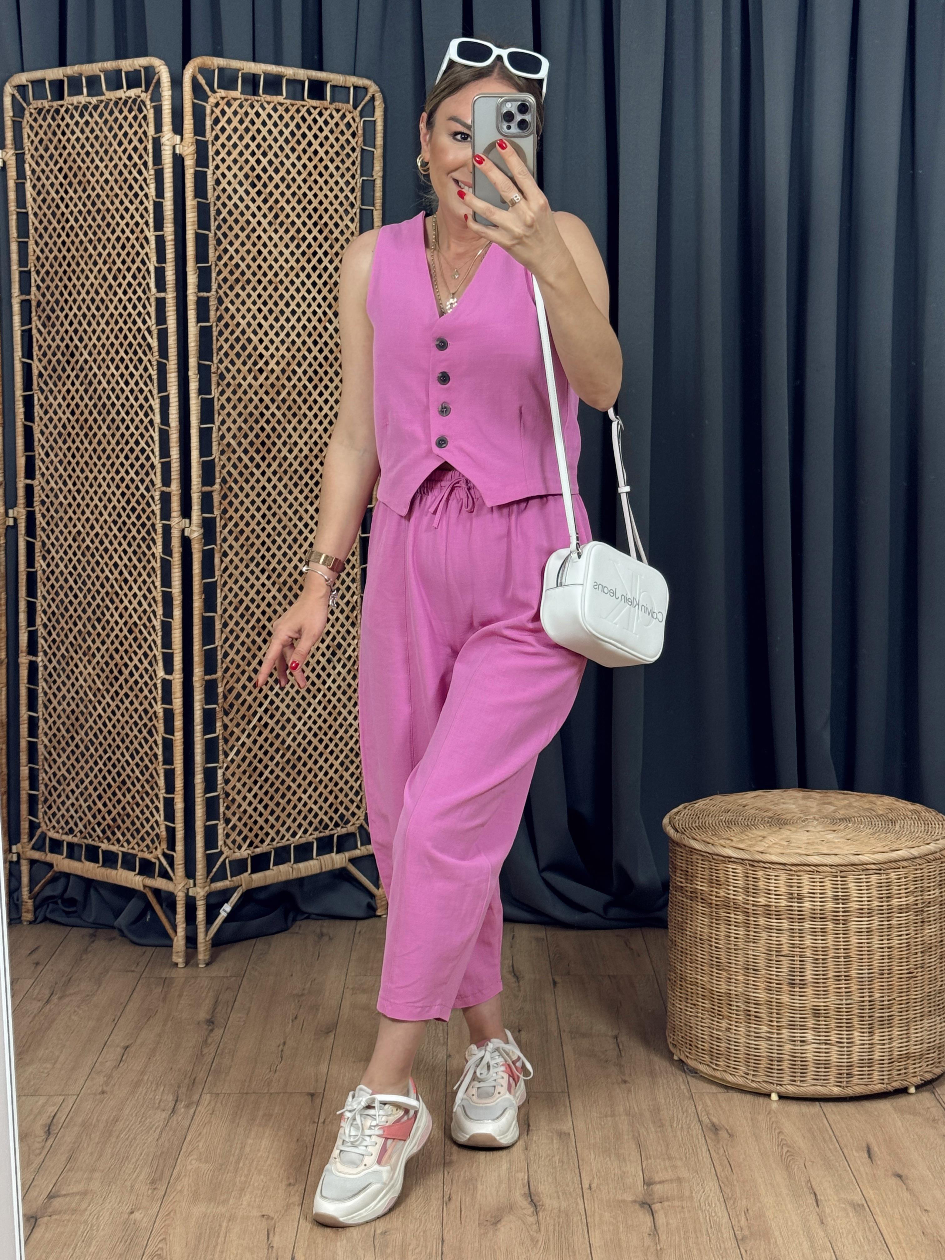 Keten Dokulu Yelek Pantolon Takım PEMBE