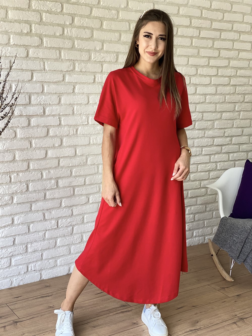 Kırmızı Kısa Kollu Penye Elbise