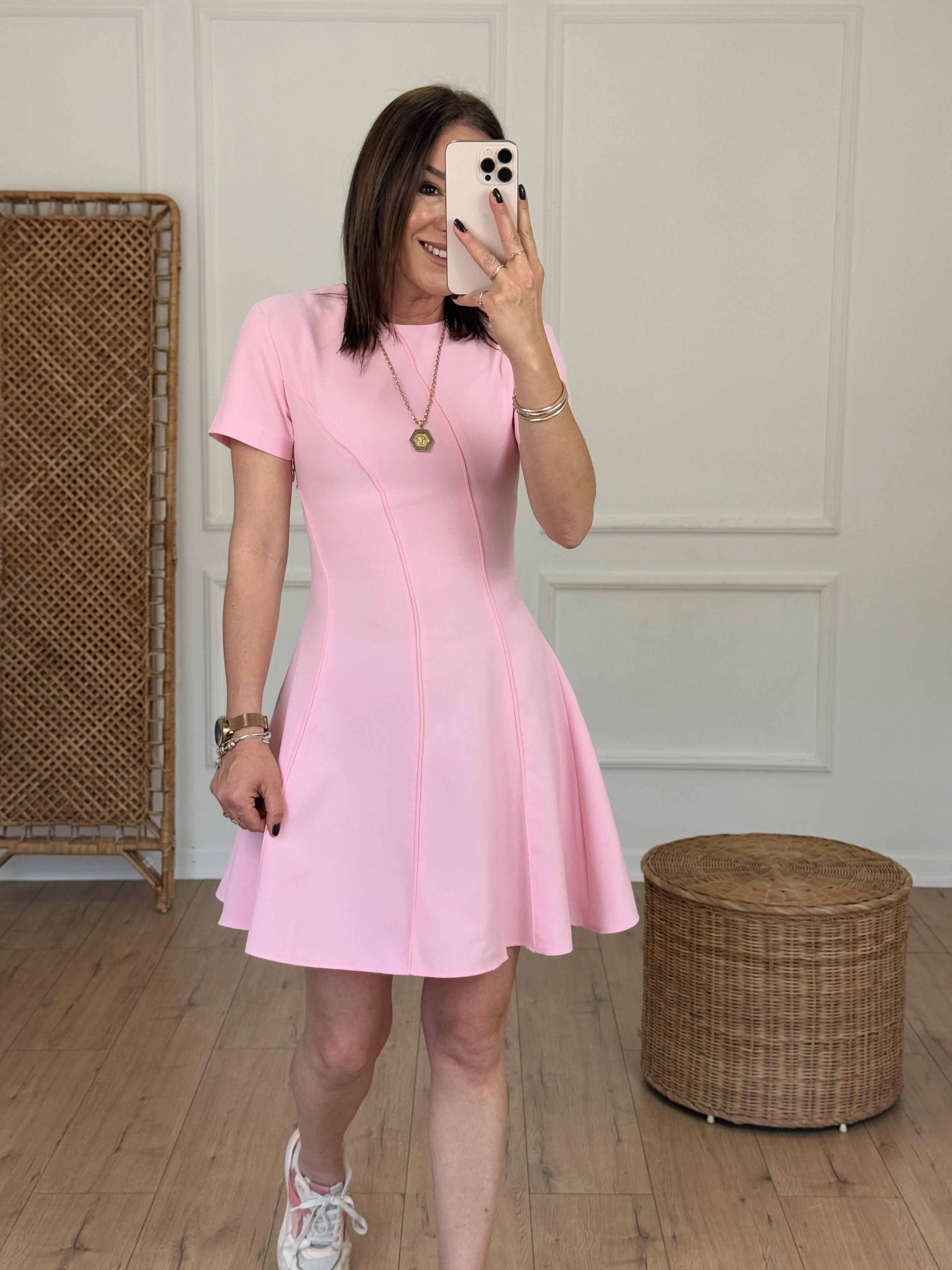 Kısa Kol Biyeli Çan Elbise PEMBE