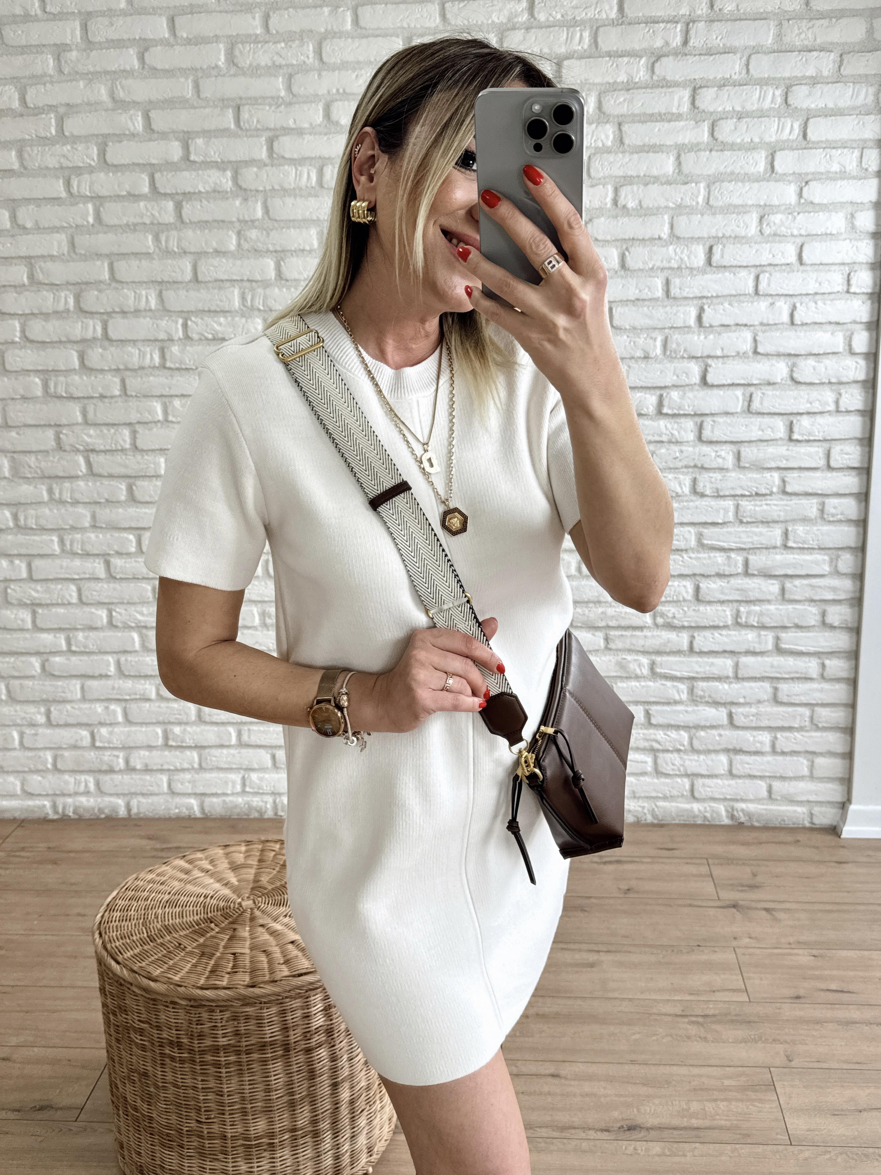 Kısa Kollu Bisiklet Yaka Triko Elbise EKRU