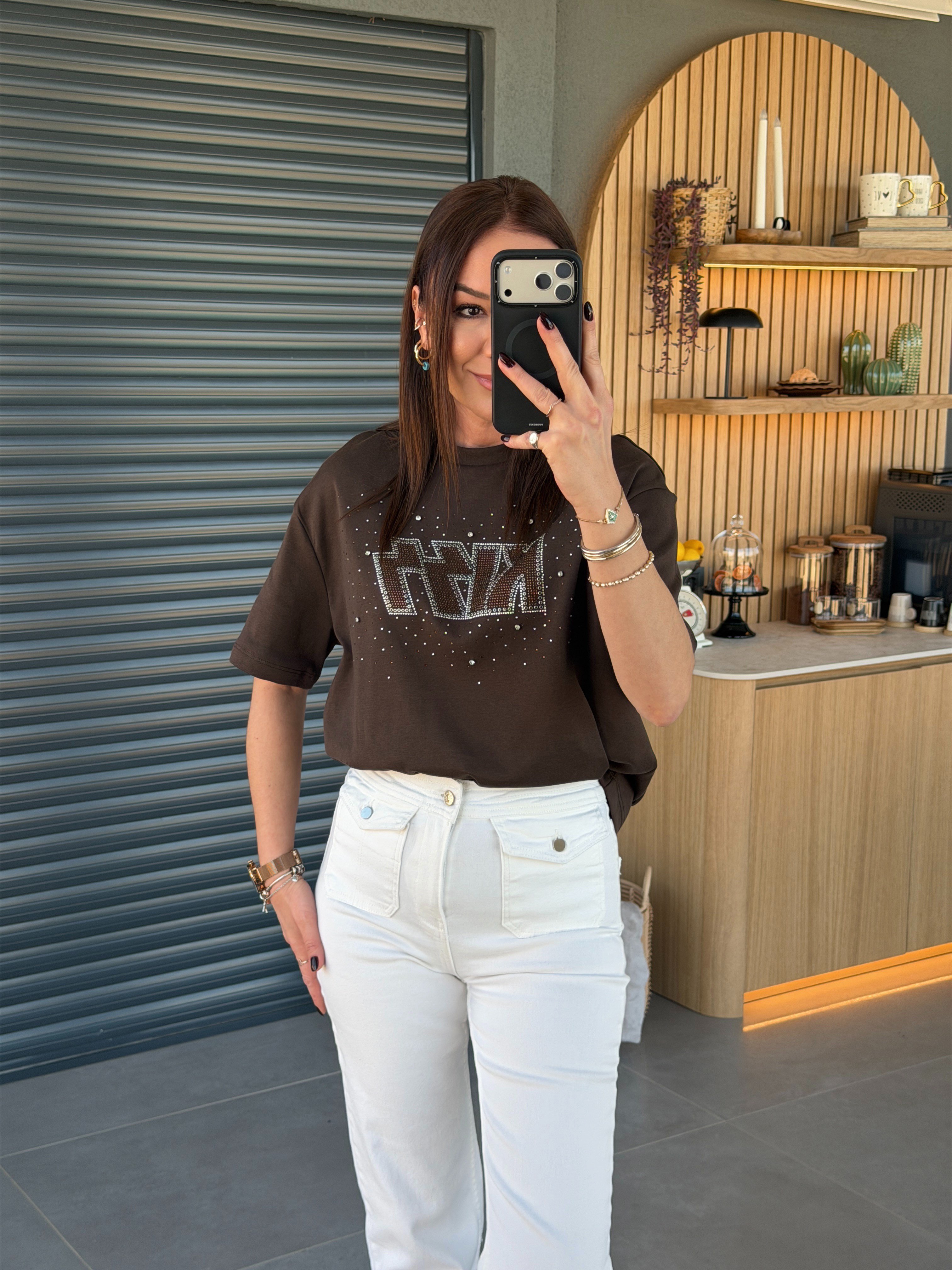 Kiss Taşlı Tshirt KAHVE