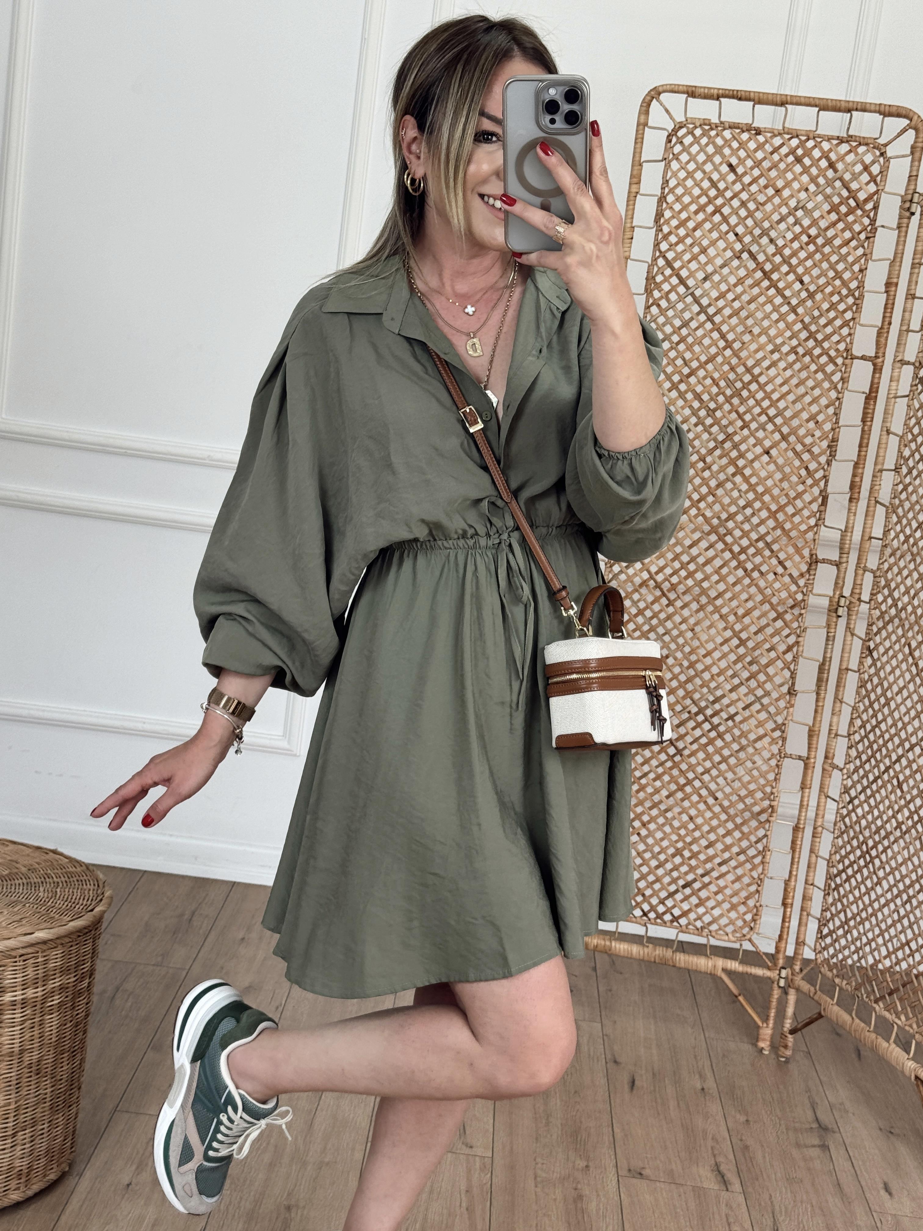 Kolları Beli Lastikli Tensel Elbise HAKİ