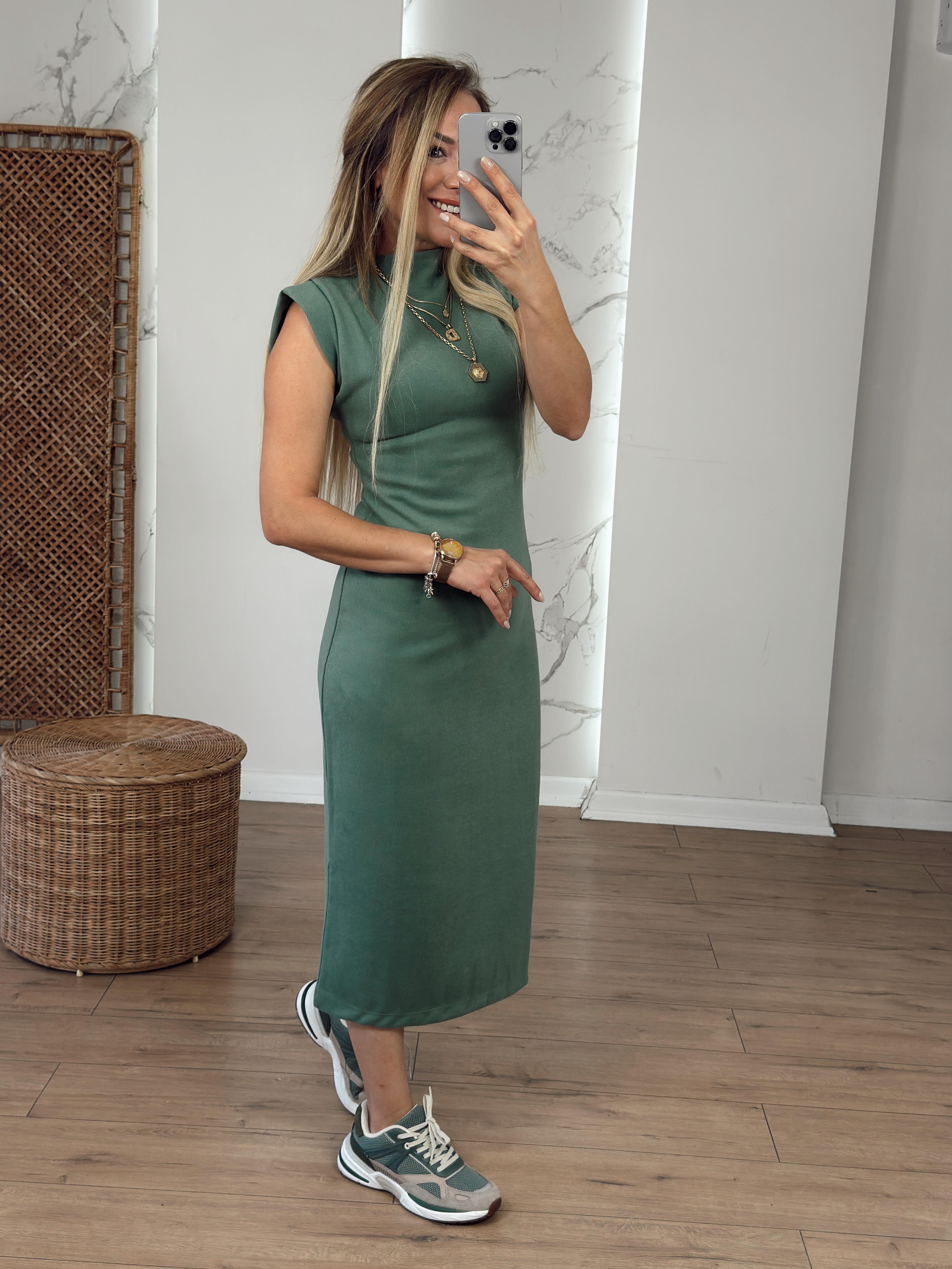Kolsuz Arkası Yırtmaçlı Yumoş Elbise YEŞİL