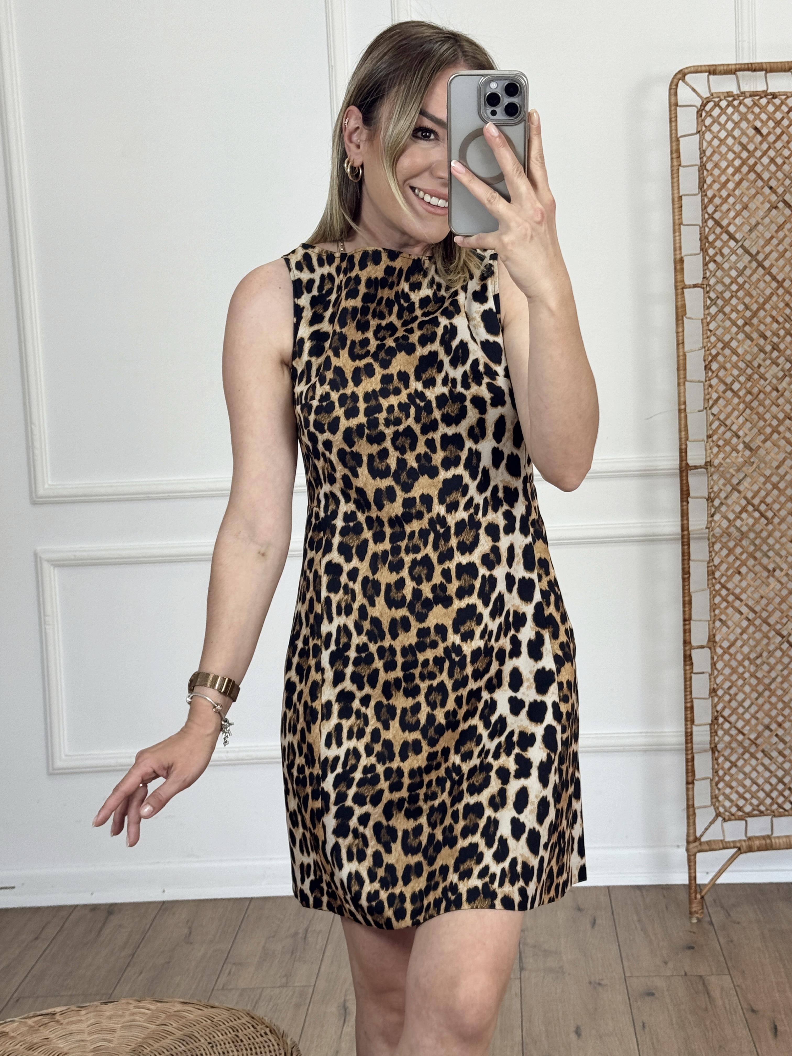 Kolsuz Leopar Desen Elbise KAHVE