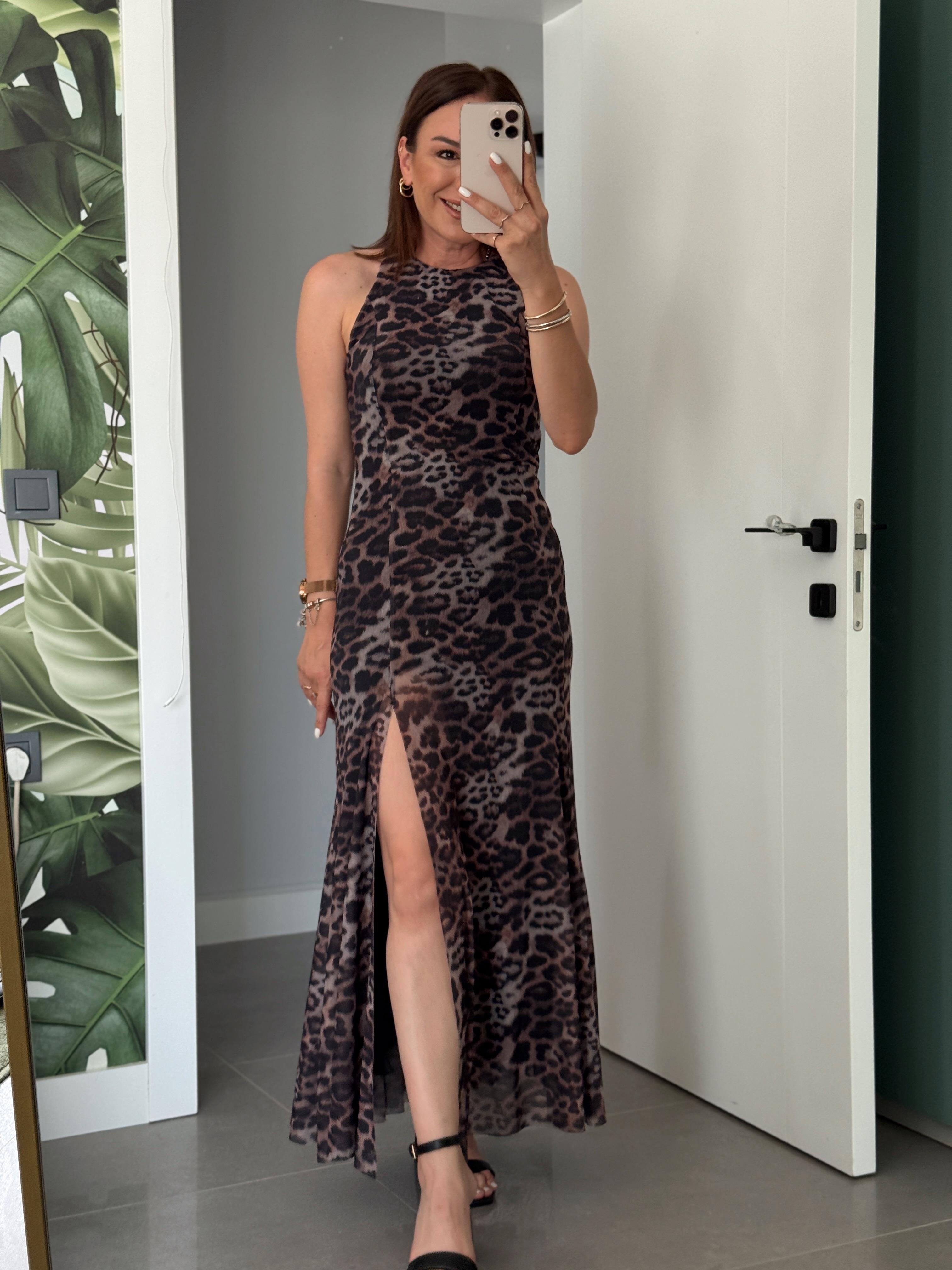 Kolsuz Yırtmaçlı Leopar Desen Elbise KAHVE