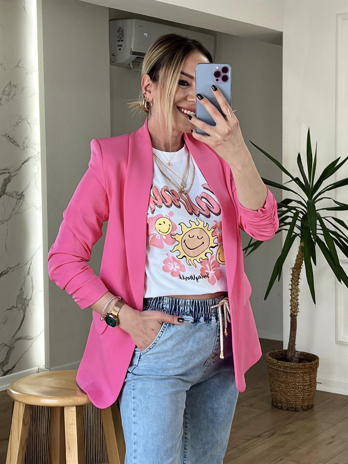 KOLU BÜZGÜLÜ CEKET PEMBE