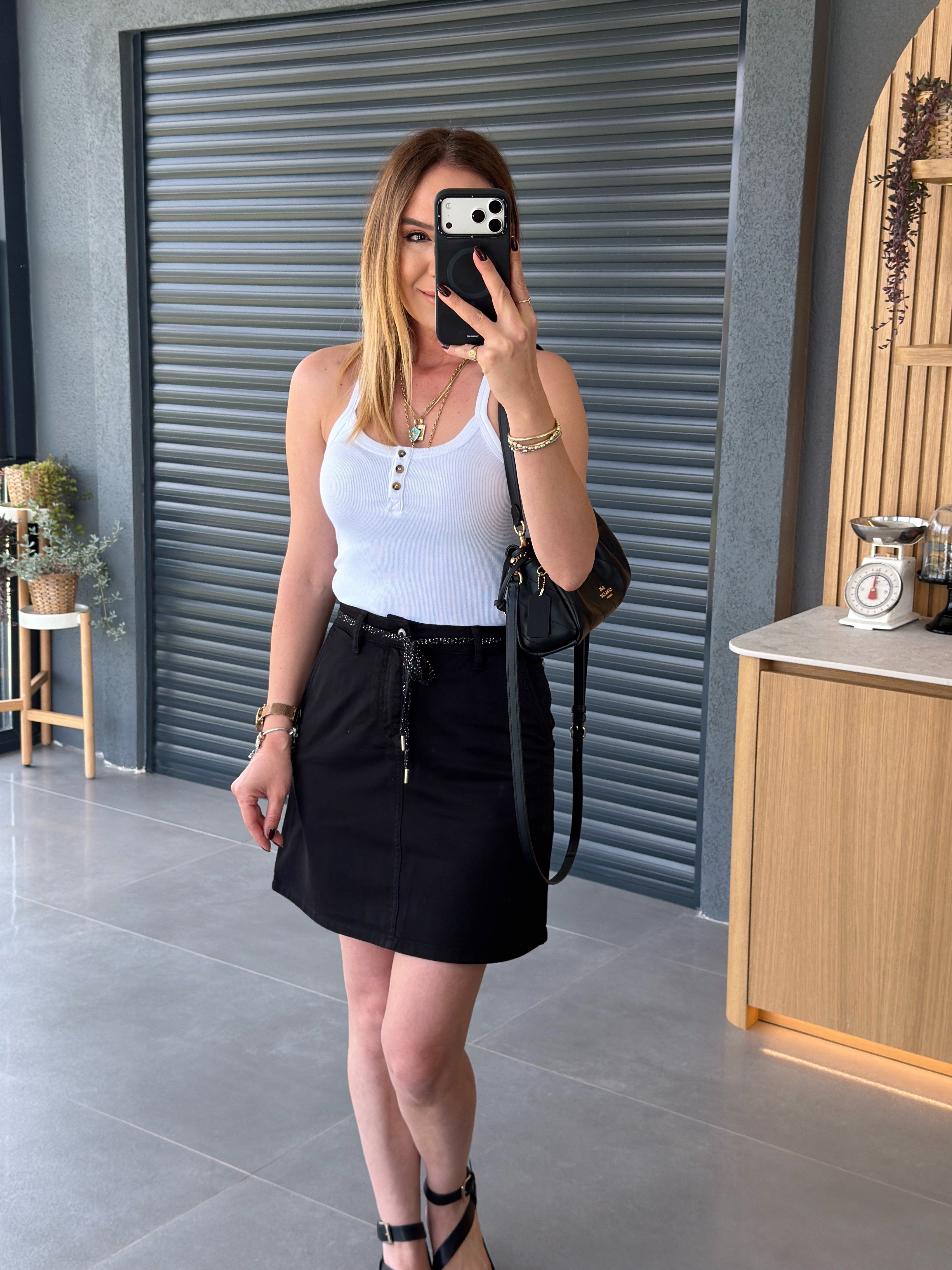Kordonlu Mini Jean Etek SİYAH