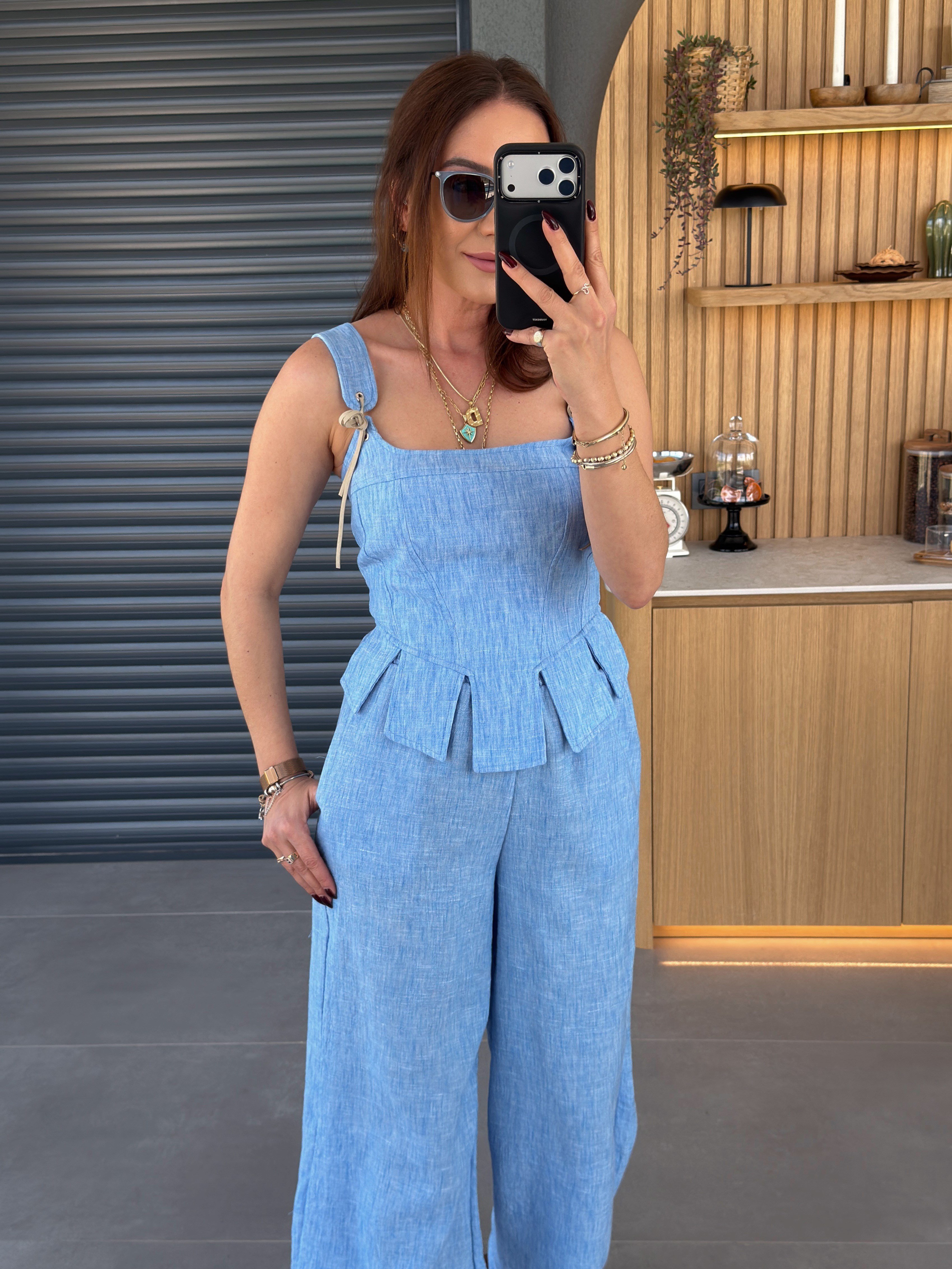 Korse Tasarım Askılı Bluz Takım MAVİ