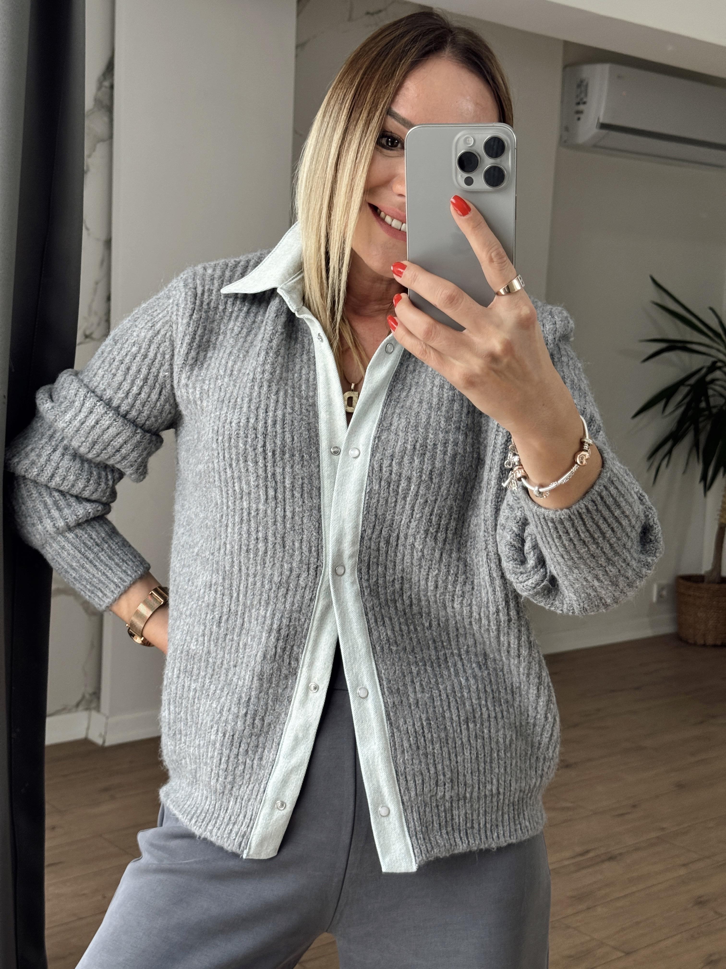 Kot Detaylı Çıtçıtlı Hırka GRİ