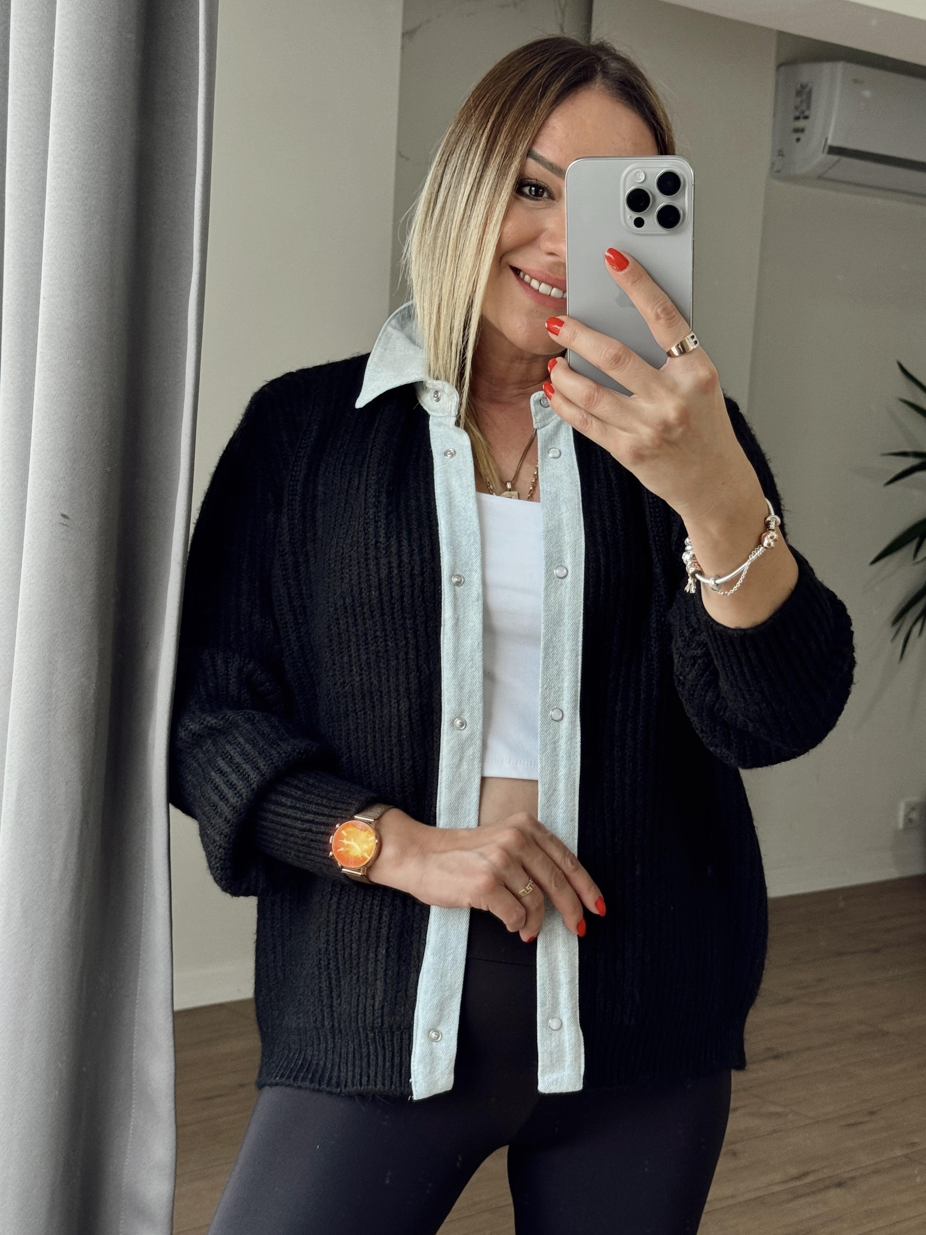 Kot Detaylı Çıtçıtlı Hırka SİYAH