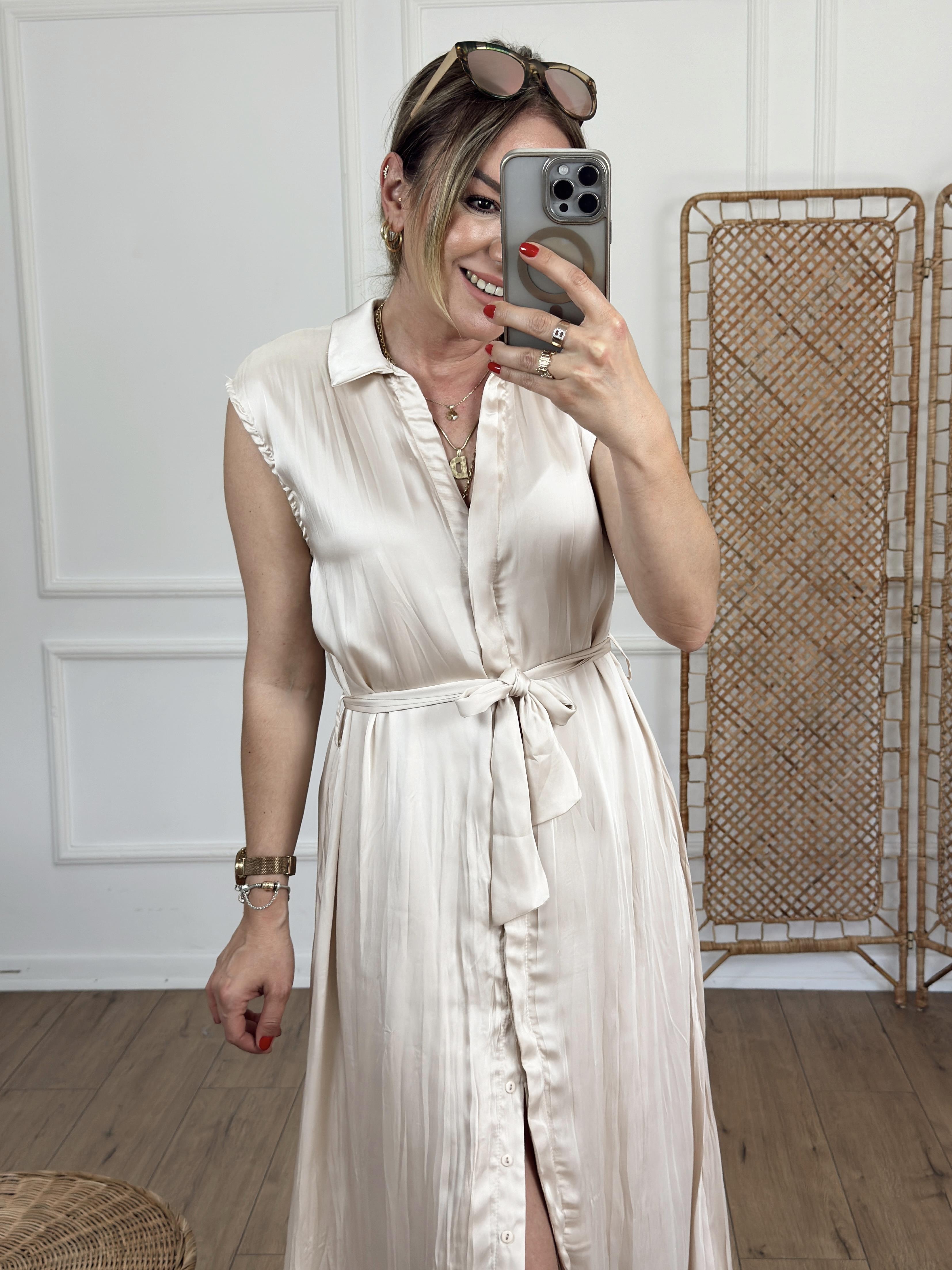 Kraslı Kolsuz Elbise BEJ