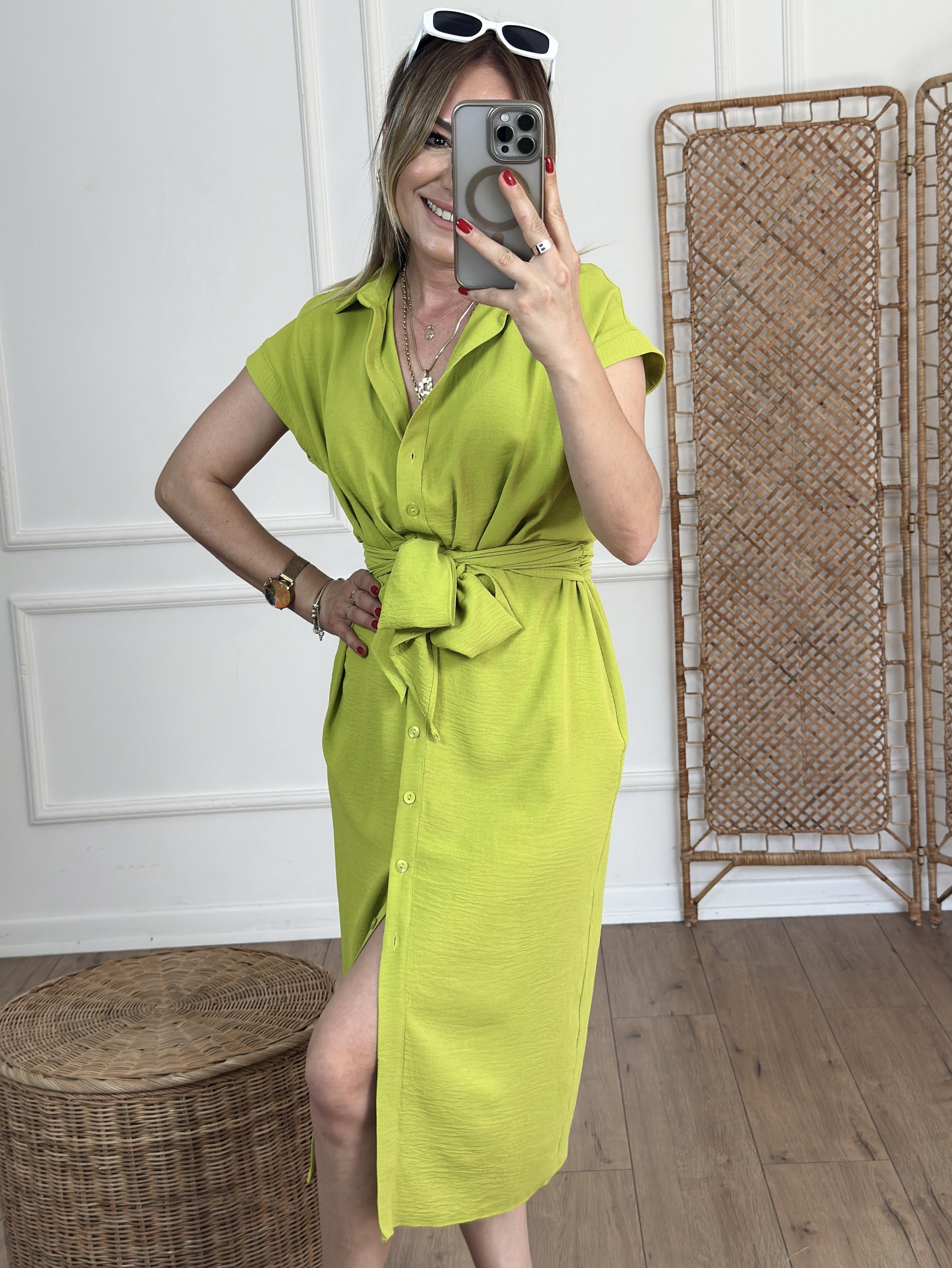 Kuşak Detaylı Gömlek Elbise NEON YEŞİL
