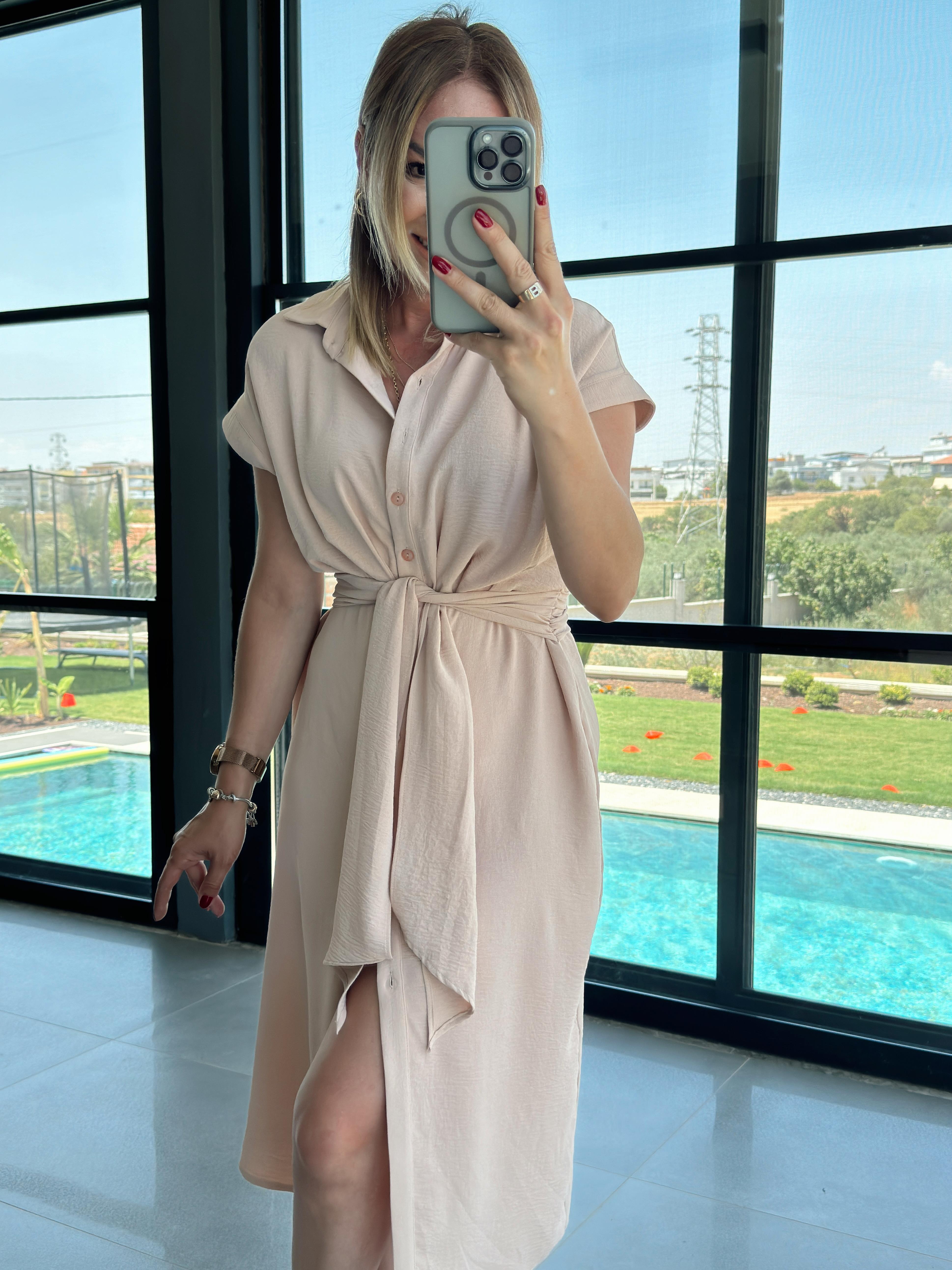 Kuşak Detaylı Gömlek Elbise PUDRA