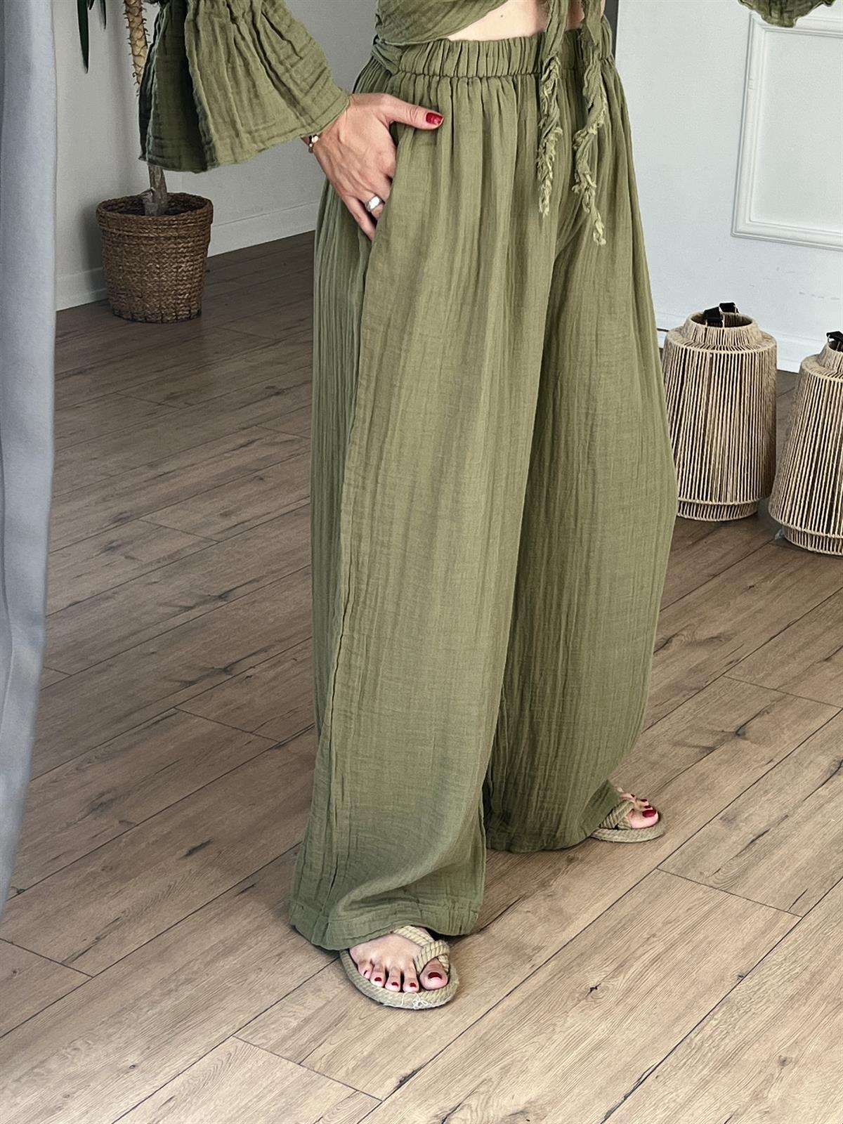 Kuşak Detaylı Müslin Pantolon HAKİ
