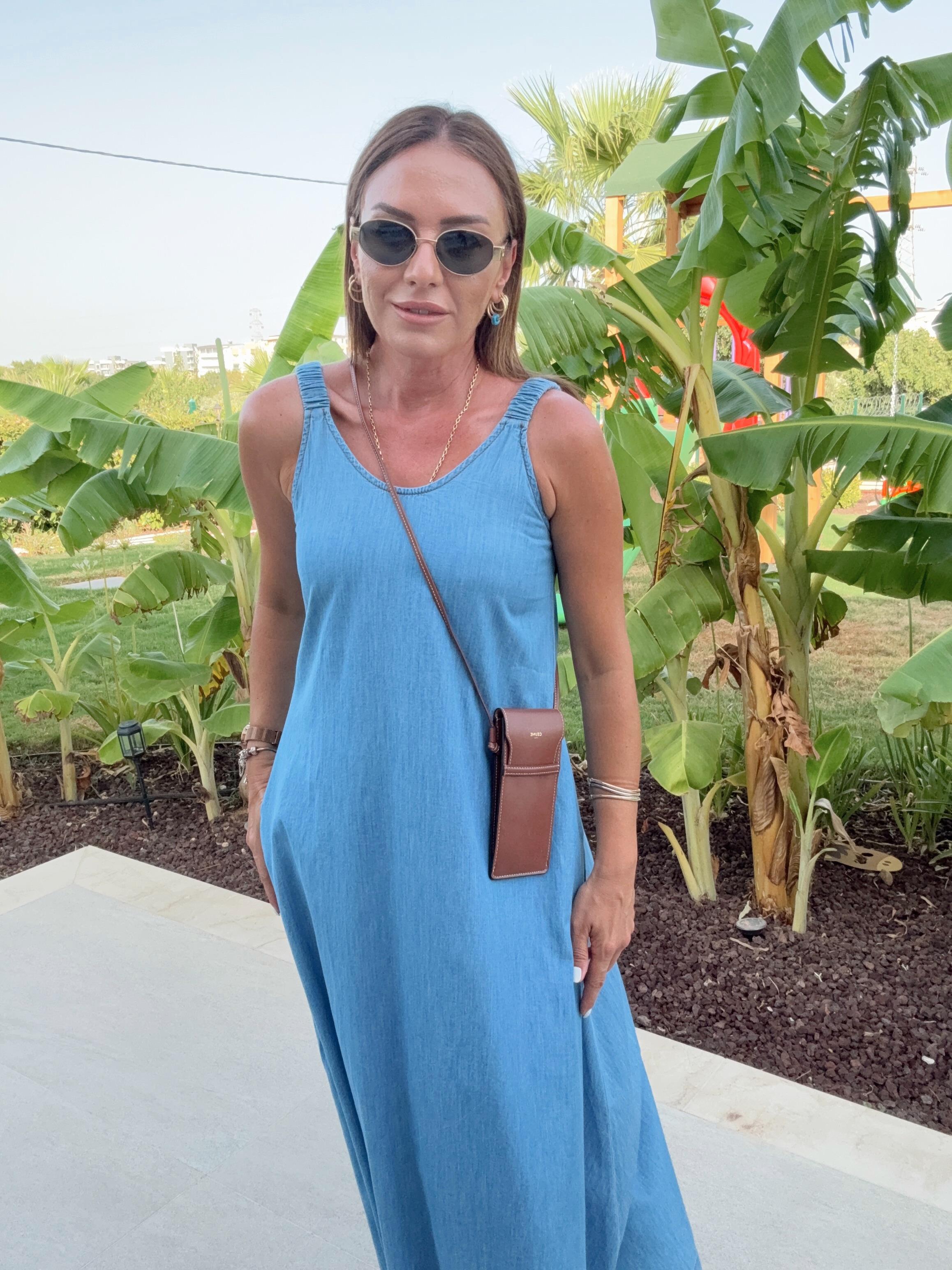 Lastik Askılı Cep Detaylı Jean Elbise MAVİ