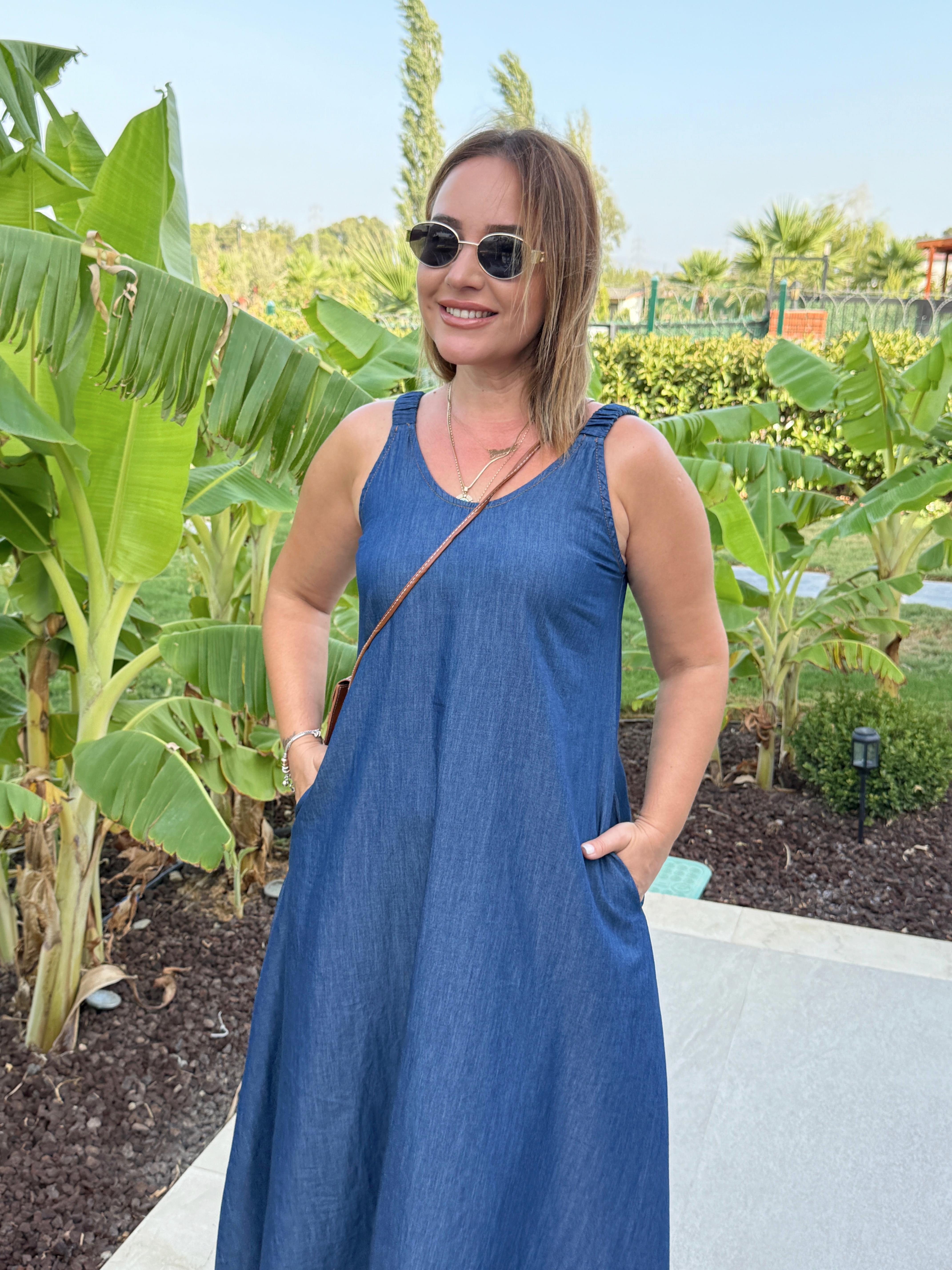 Lastik Askılı Cep Detaylı Jean Elbise LACİVERT