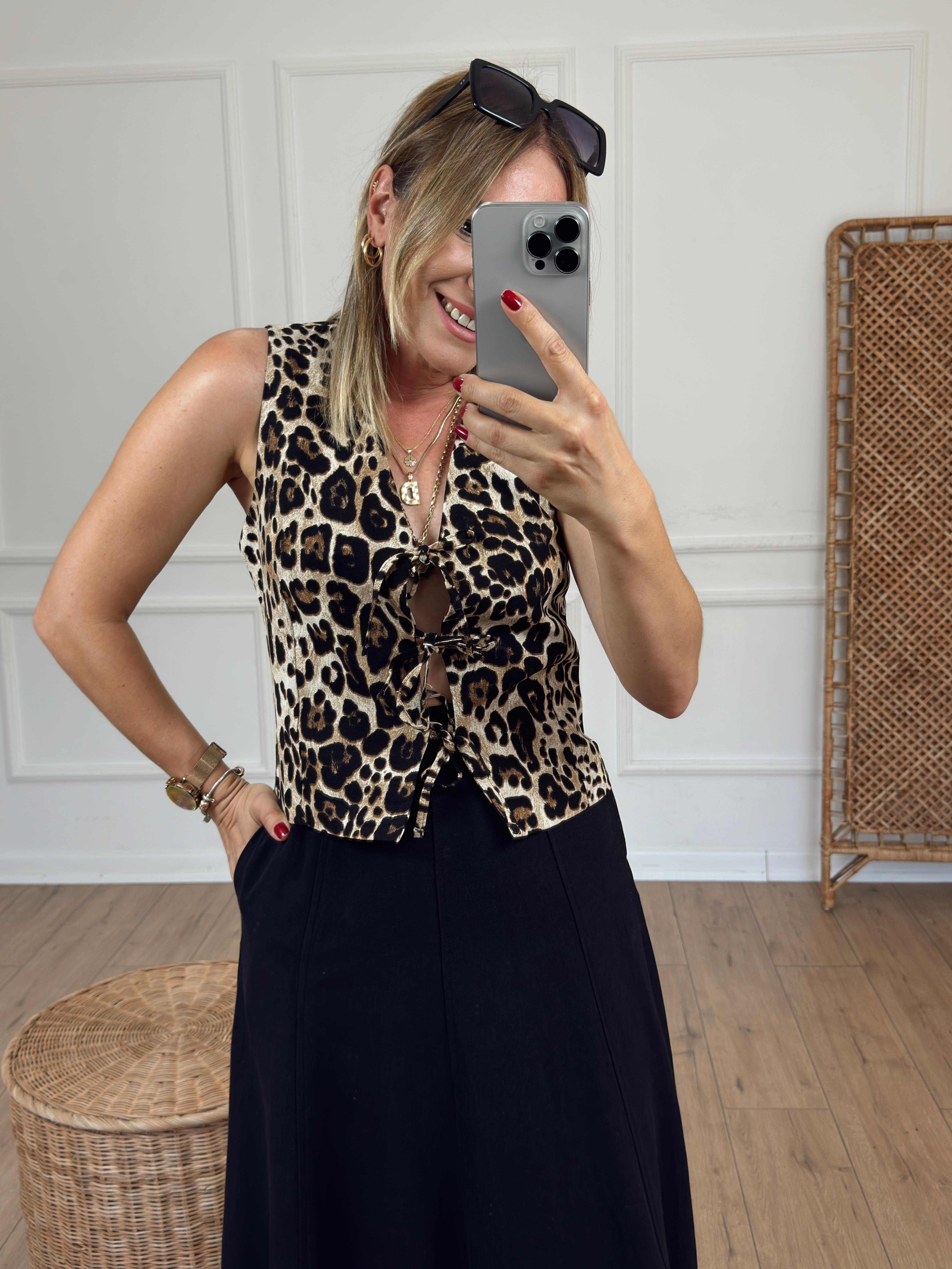 Leopar Desen Bağcıklı Yelek KAHVE