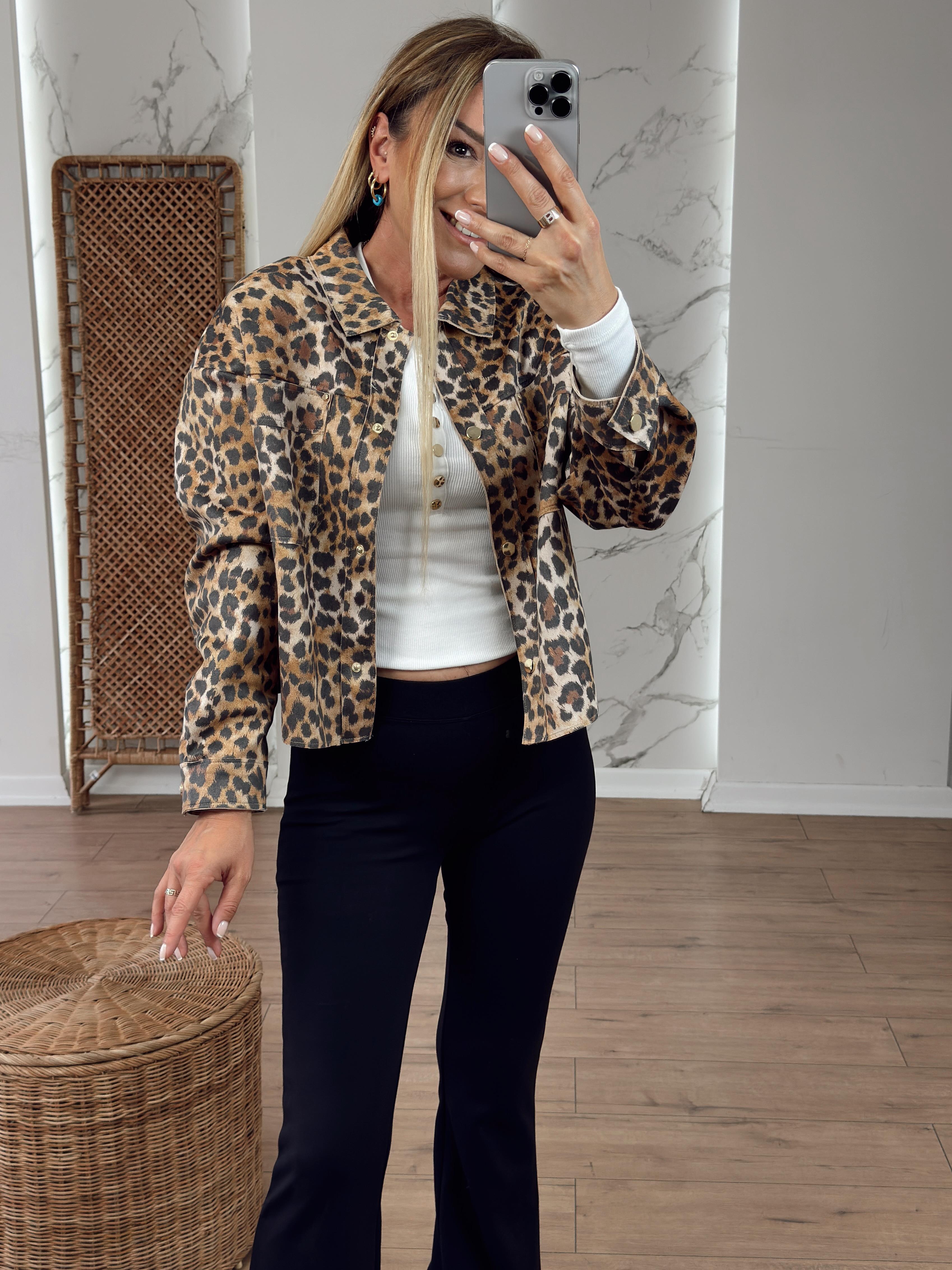 Leopar Desen Çıtçıtlı Gömlek KAHVE