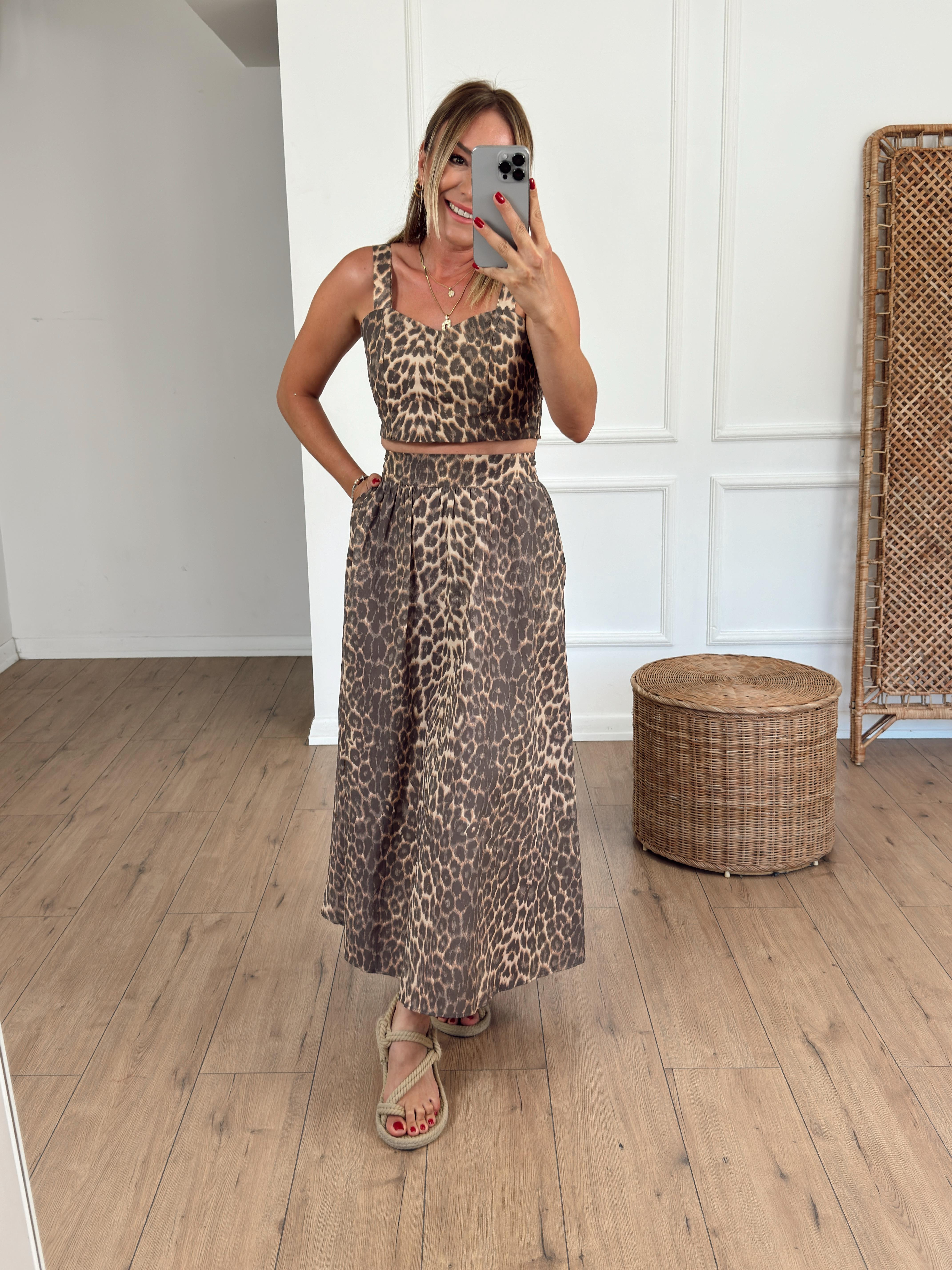 Leopar Desen Crop Etek Takım KAHVE