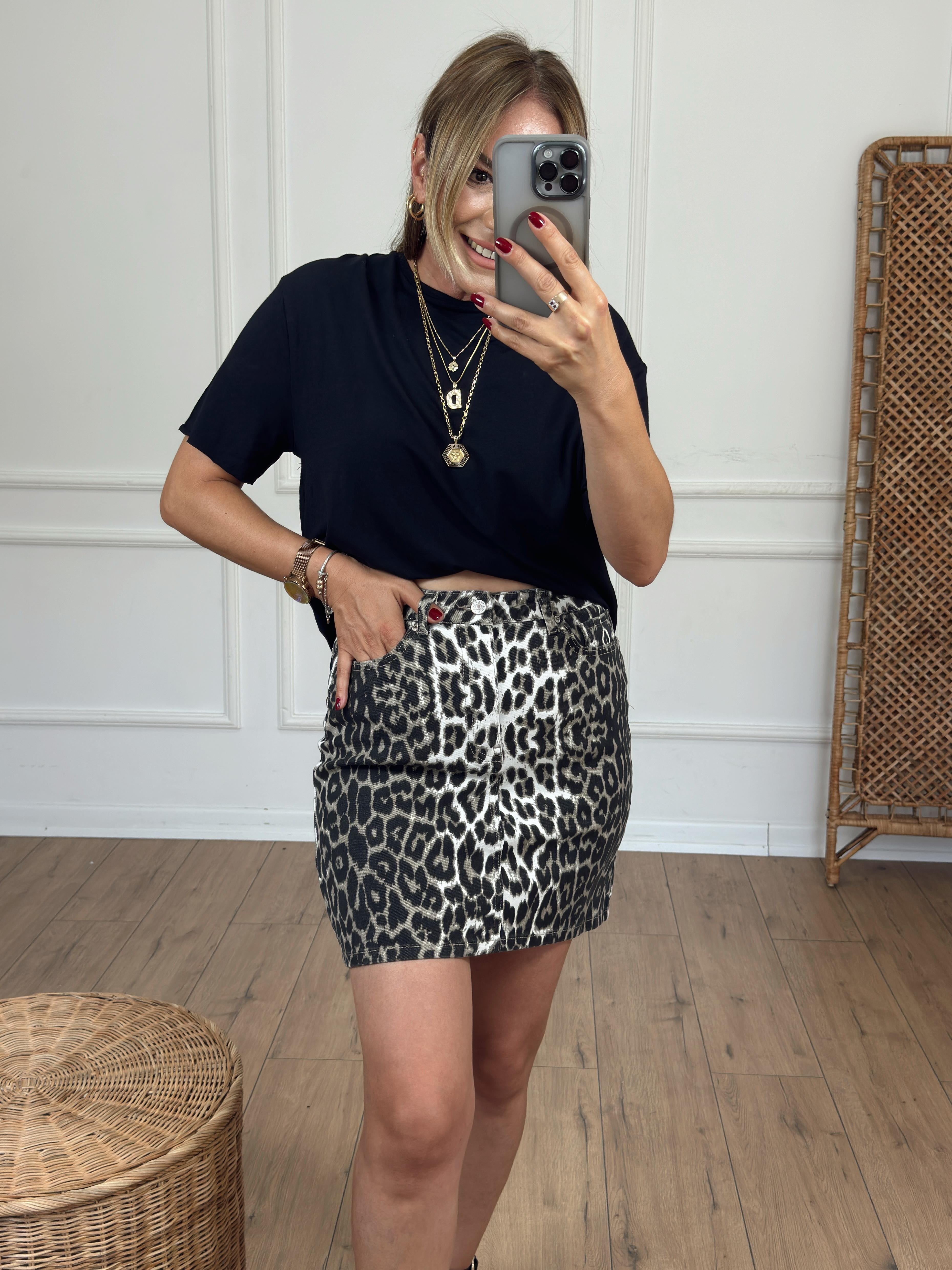 Leopar Desen Mini Jean Etek KAHVE