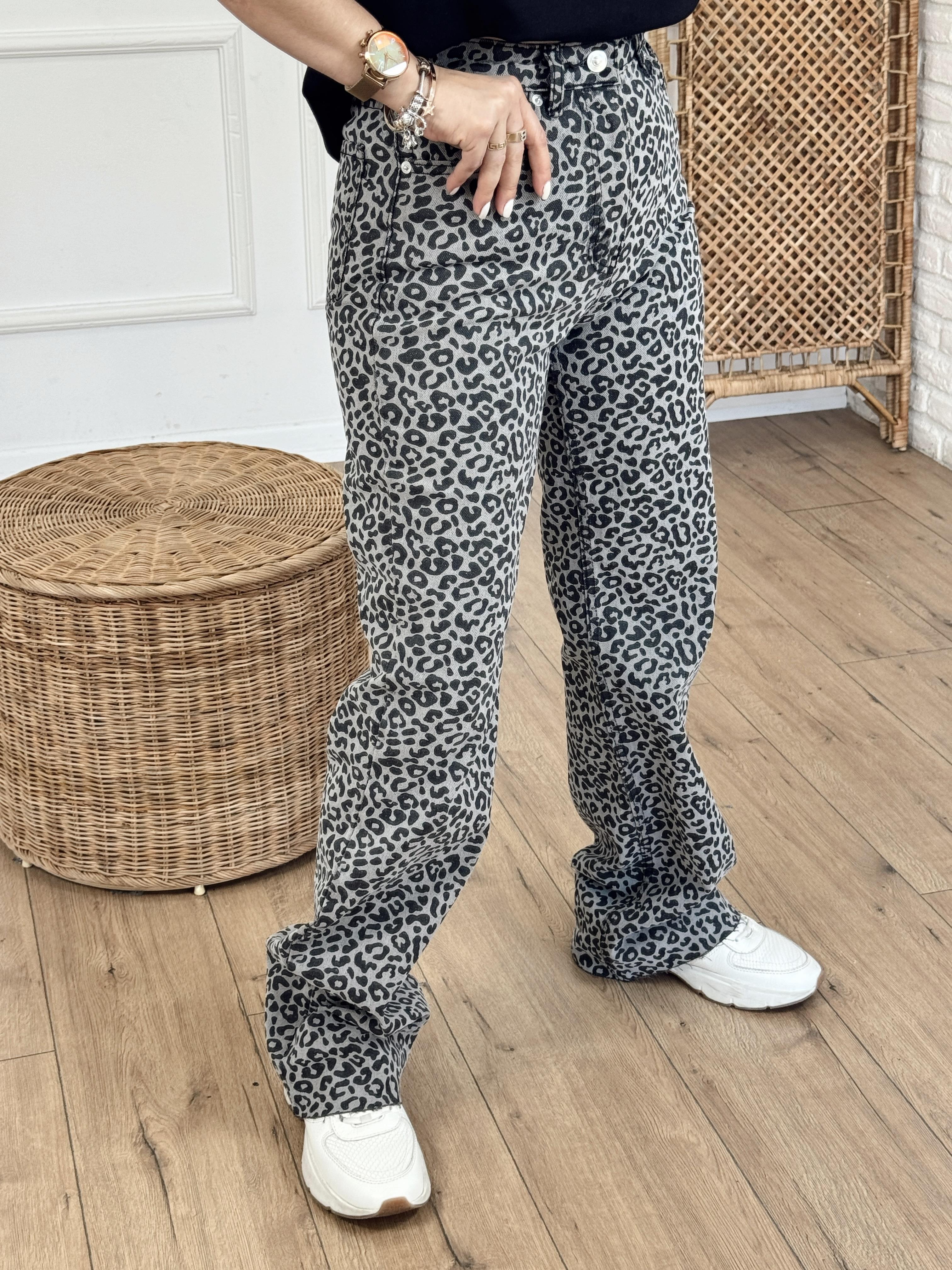Leopar Desen Palazzo Pantolon GRİ